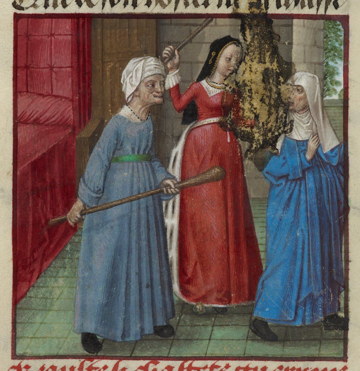 Miniatur von Beaute (Schönheit) und Laideur (Hässlichkeit) kämpfen gegen Chastete (Keuschheit) aus dem Roman de la Rose von French School
