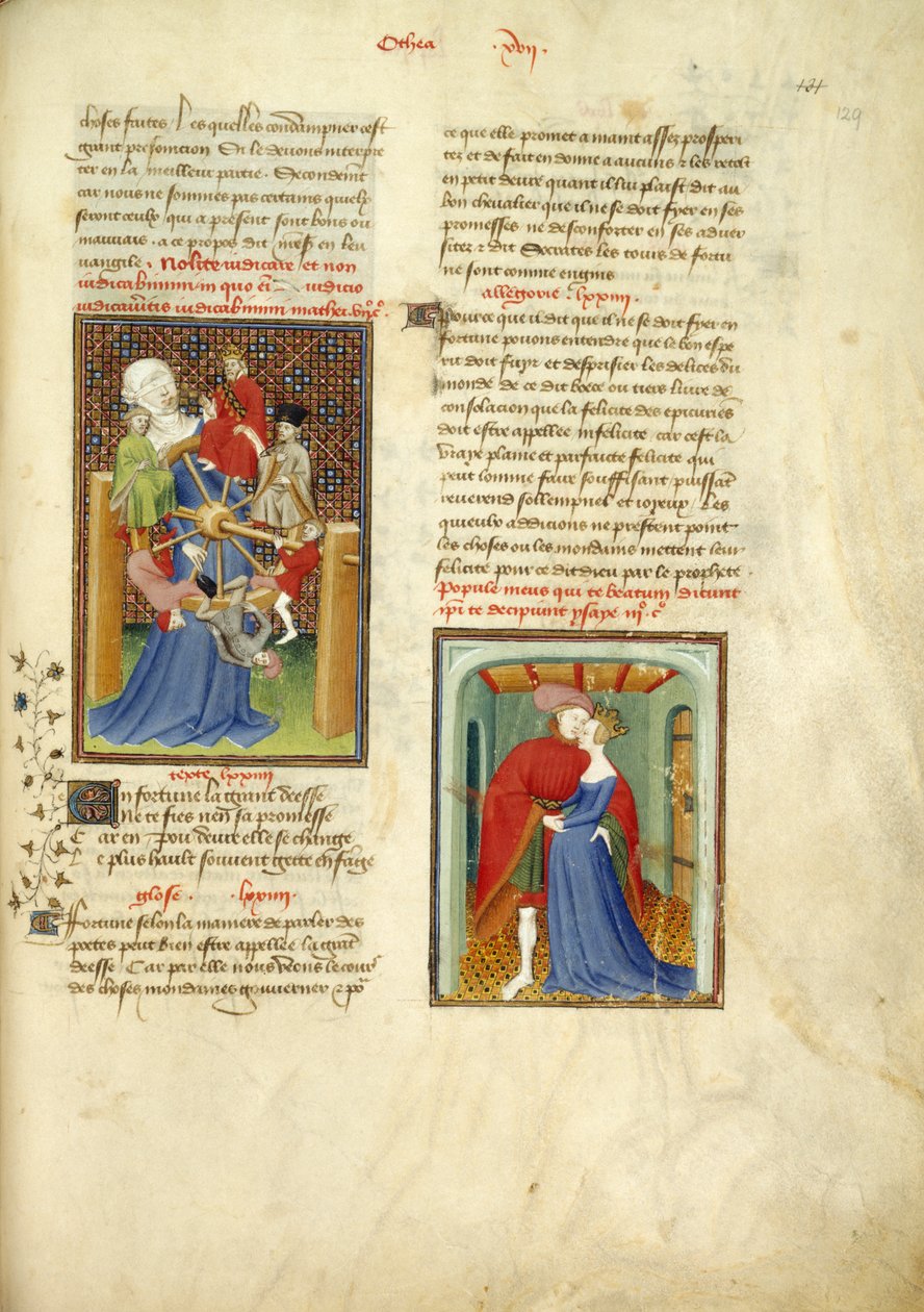 Harley 4431, f.129 Das Rad des Schicksals; und Paris umarmt Helena, aus 