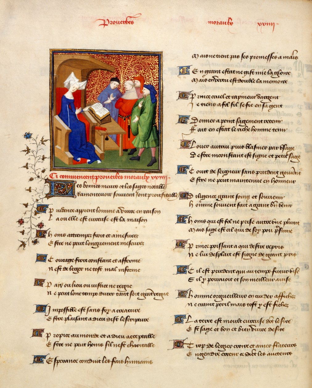 Harley 4431 Band II, f.259v Miniatur einer Frau, die moralische Sprichwörter liest, am Anfang der 