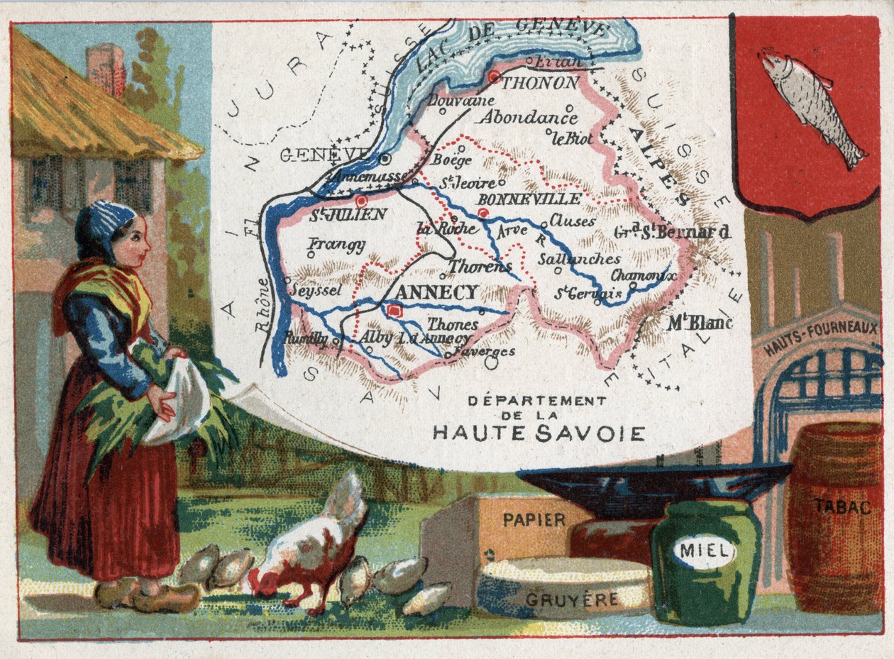 Haute Savoie (Haute-Savoie, 74), Rhone Alpes (Rhone-Alpes), Frankreich. Lokale Spezialität: Papier, Gruyere, Honig, Tabak und Hochöfen. Serie über die französischen Departements. Chromolithographie „der geografische Faden“, um 1920. Private Sammlung von French School
