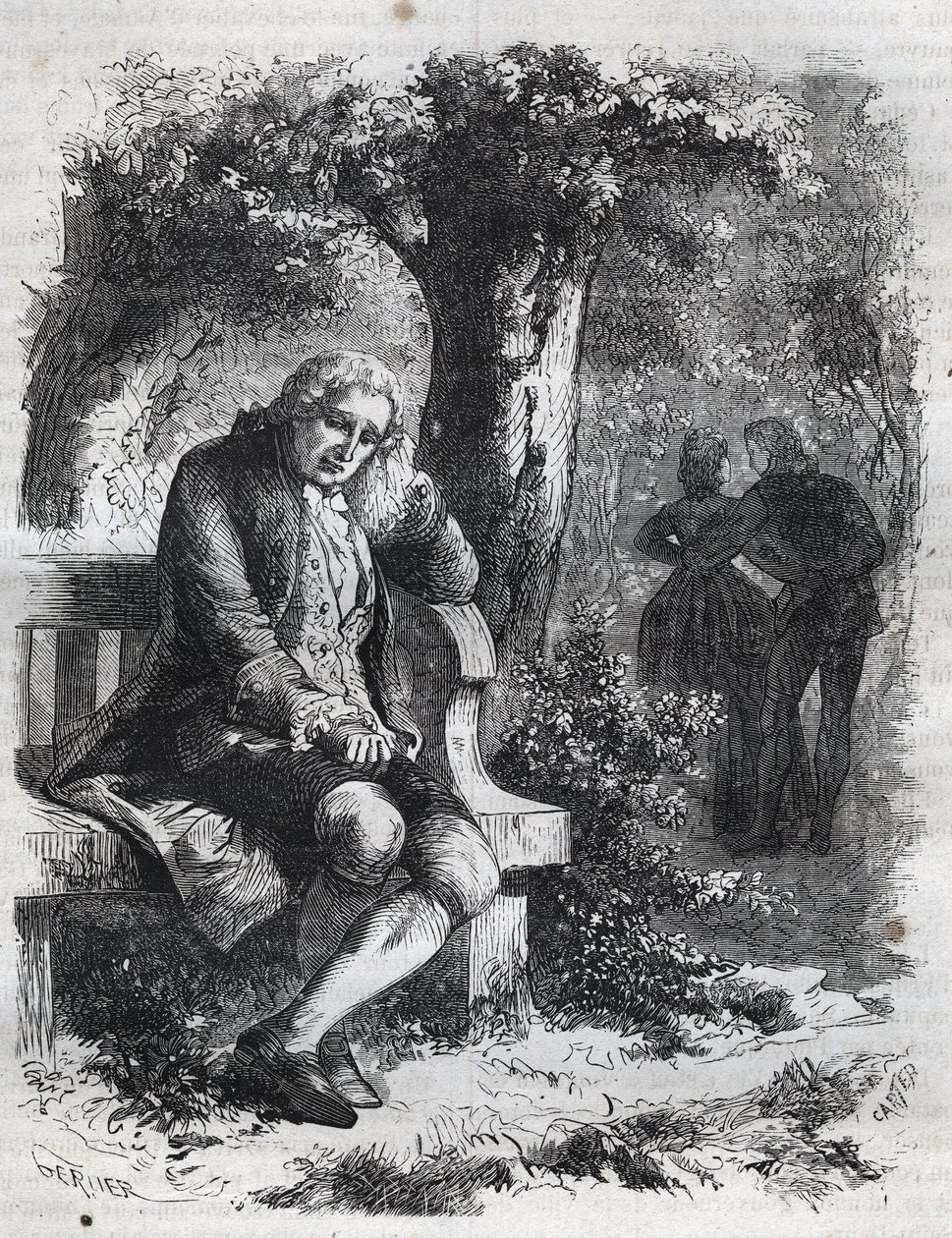 Er hörte das Flüstern eines Kusses. Der Schweizer Philosoph Jean Jacques (Jean-Jacques) Rousseau (1712-1778) überrascht seine Gefährtin Marie-Therese (Marie Therese) Le Vasseur (Levasseur) (1721-1801) beim Ehebruch. Gravur von 1871 in „Histoire Des Cocuses von French School