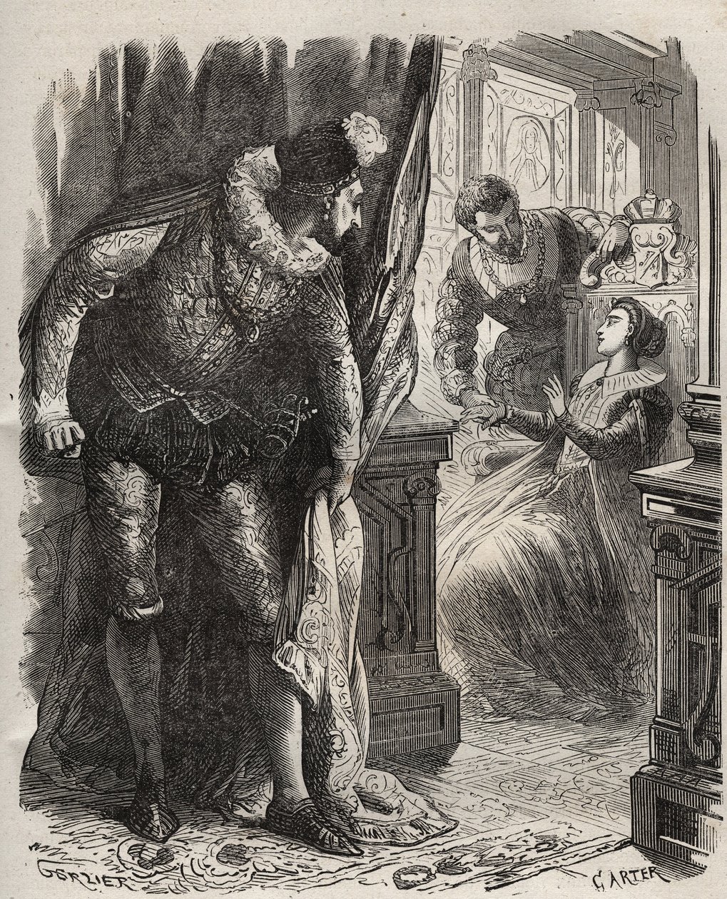 Henry (Henry) Stuart genannt Lord Darnley (1545-1567) überraschte seine Frau, Königin Maria (Mary) I. Stuart (1542-1587), mit ihrem Privatsekretär David Rizzio (gest. 1566). Gravur von 1871 in „Histoire Des Cocuses Celebres“ von Henry de Kock (1819-1892) von French School