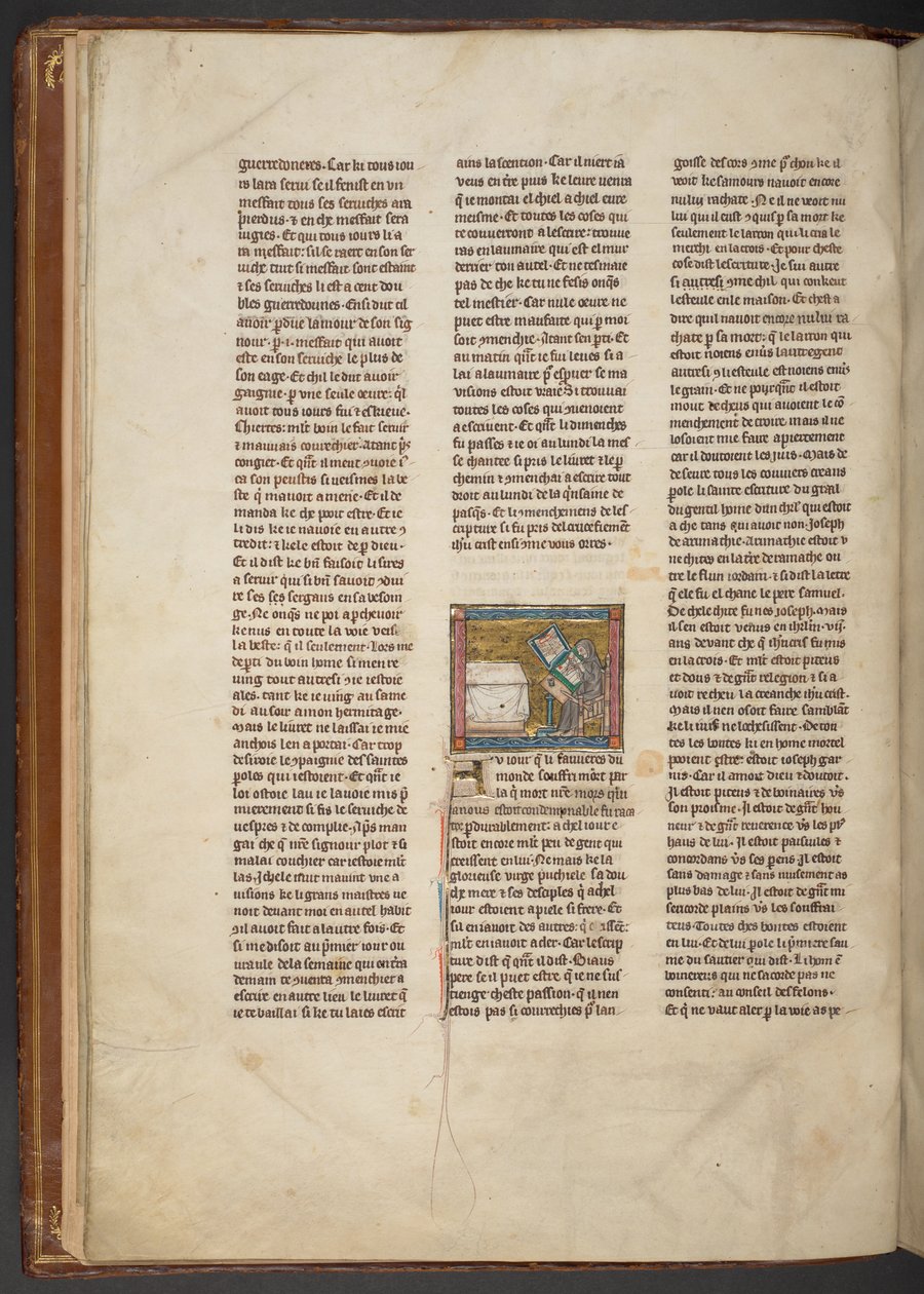 Eremit schreibt an einem Schreibtisch, aus "Estoire del Saint Graal, La Queste del Saint Graal, Morte Artu", ca. 1315-25 von French School