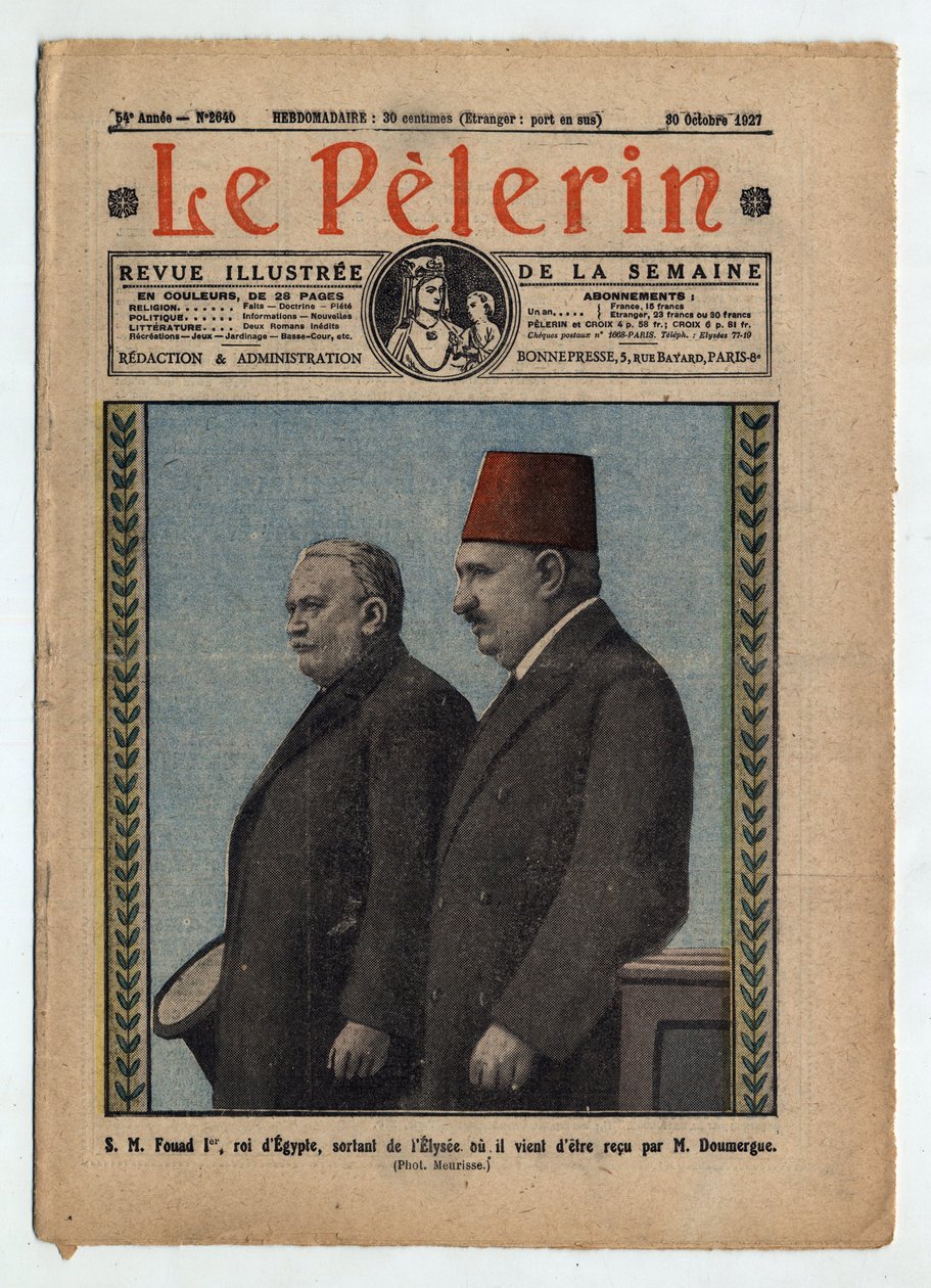 Seine Majestät Fouad I., König von Ägypten, verlässt den Elysee, wo er gerade von Gaston Doumergue empfangen wurde - Titelblatt von "Le-Pelerin", 30. Oktober von French School