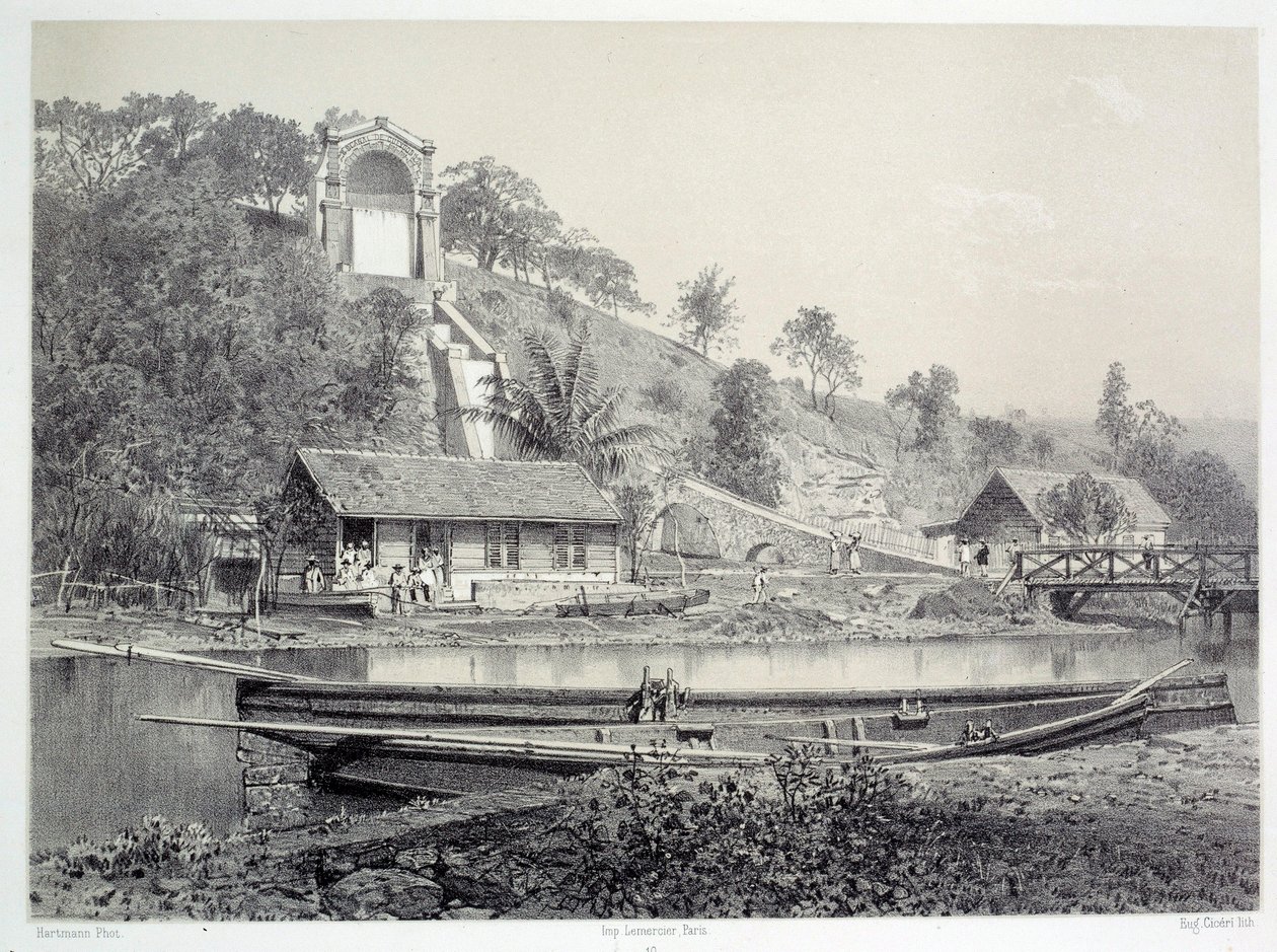 Geschichte der französischen Kolonien: Ansicht des Wasserturms oder Gueydon-Kanals in Fort-de-France auf Martinique (Antillen), späte 19. Jahrhundert von French School