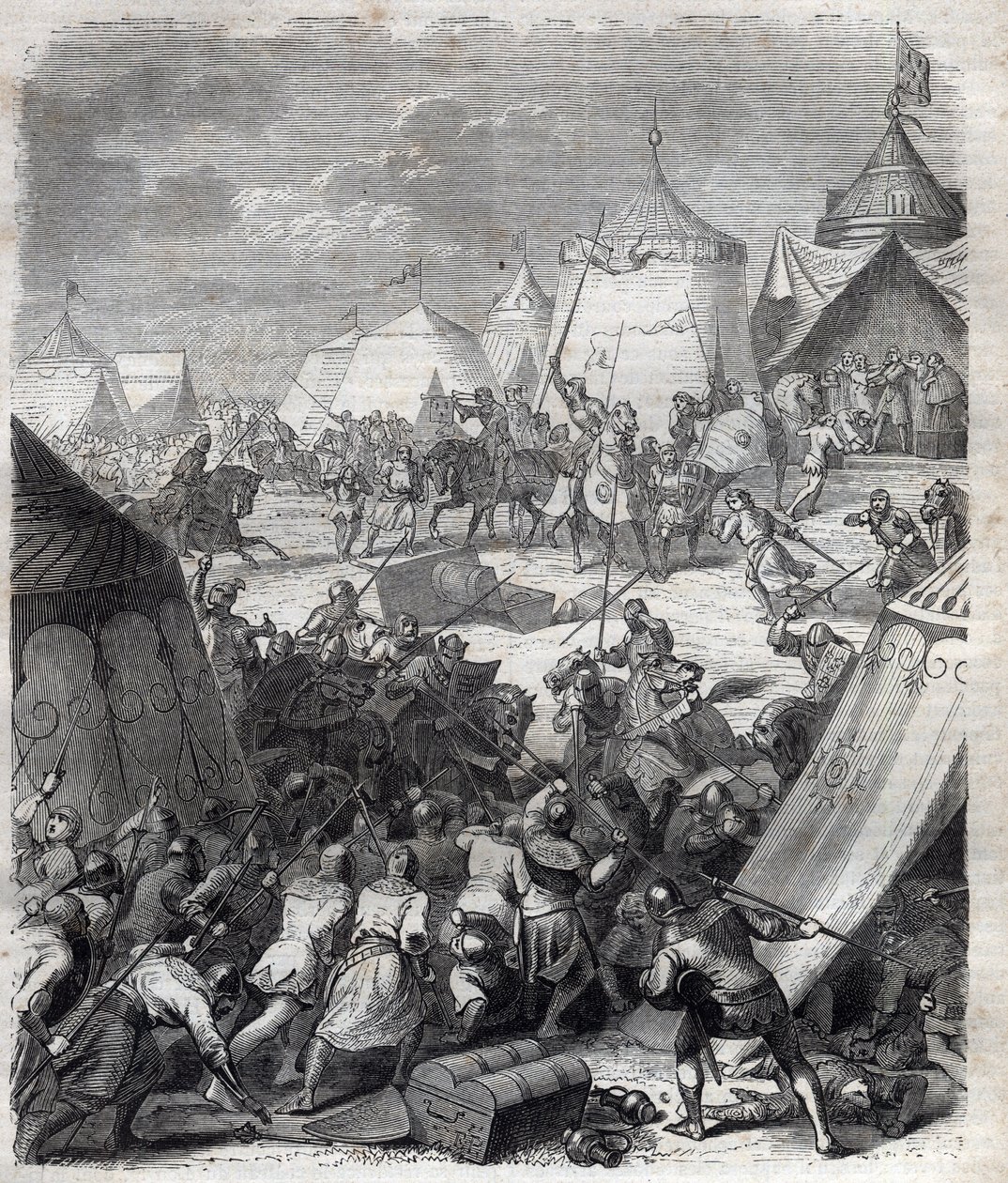 Hundertjähriger Krieg: Schlacht von Poitiers (1356). Gravur in „Geschichte der Päpste (...) Verbrechen der Königinnen, Könige und Kaiser durch die Jahrhunderte“ von Maurice Lachatre von French School