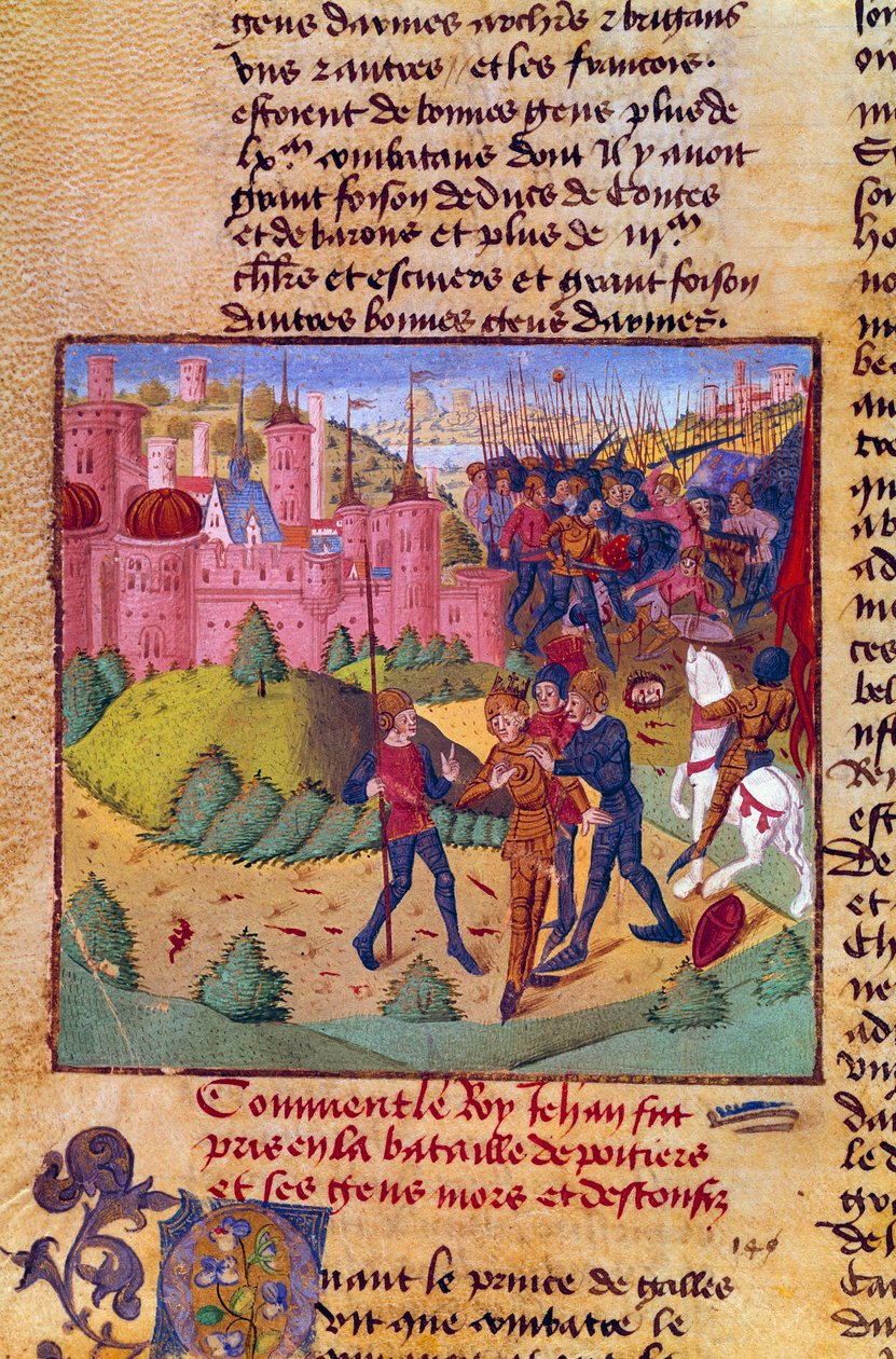 Hundertjähriger Krieg: „der König von Frankreich Johann II. der Gute (1319-1364) wird von den Engländern in der Schlacht von Poitiers am 19.09.1356 gefangen genommen“ Miniatur aus den Chroniken von Jean Froissart (1337-1400) 15. Jahrhundert Chantilly, Muse von French School