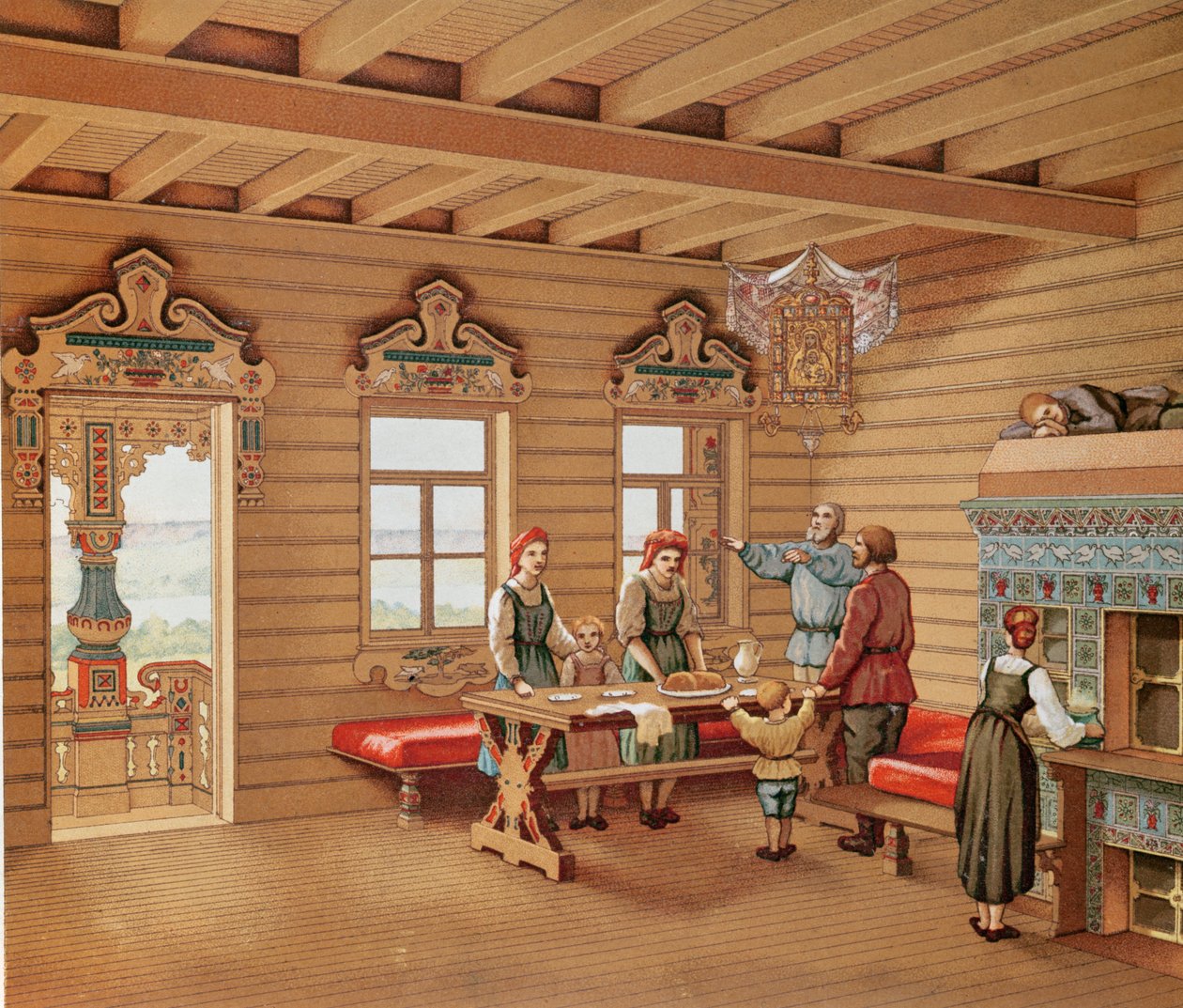 Idealisiertes Interieur einer russischen Izba, ca. 1880 von French School