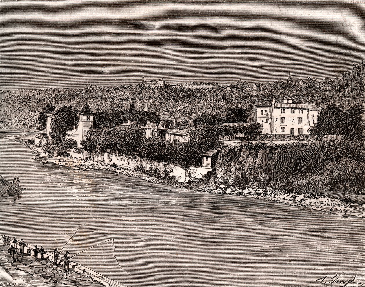 Ile Barbe in der Mitte der Saone, im 9. Arrondissement von Lyon - Gravur in „La France illustree: Geographie, Geschichte, statistische Verwaltung“ von V.-A. Malt-Brown. 1884 von French School