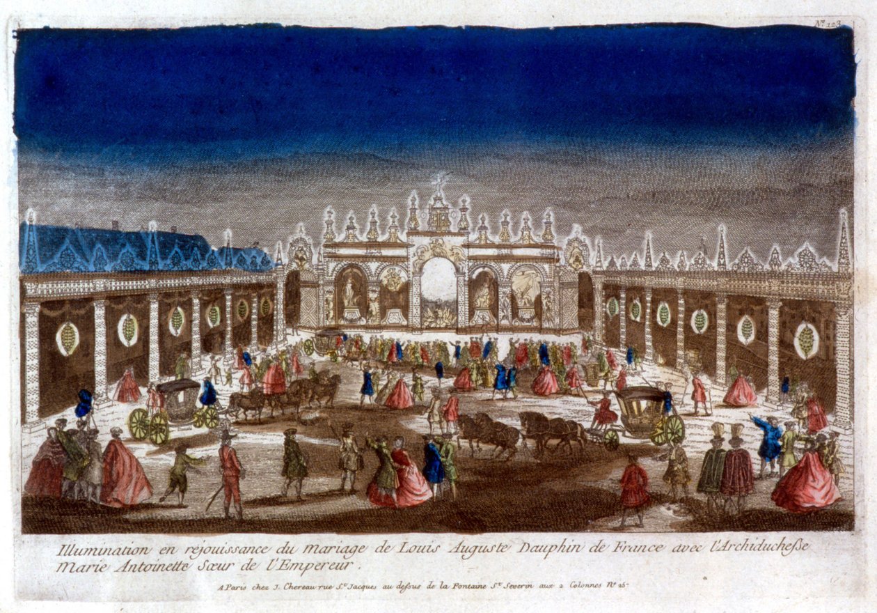 Beleuchtung zur Feier der Hochzeit von Louis Auguste, Dauphin von Frankreich (Louis XVI), mit Erzherzogin Marie Antoinette, Schwester des Kaisers - Gravur von French School