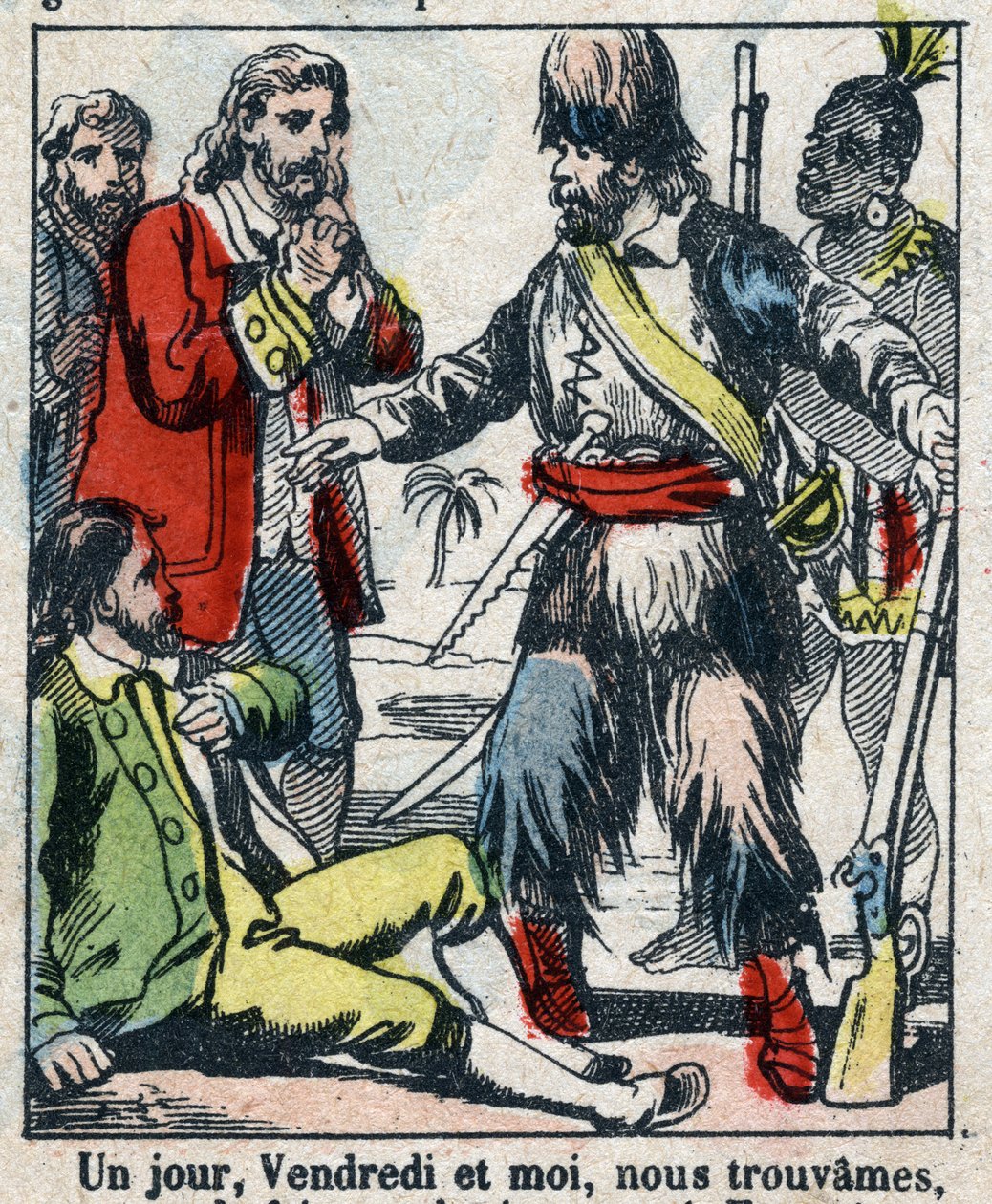 Illustration für das Buch von Daniel Defoe „Robinson Crusoe“. Epinal-Bild Ende des 19. Jahrhunderts. von French School