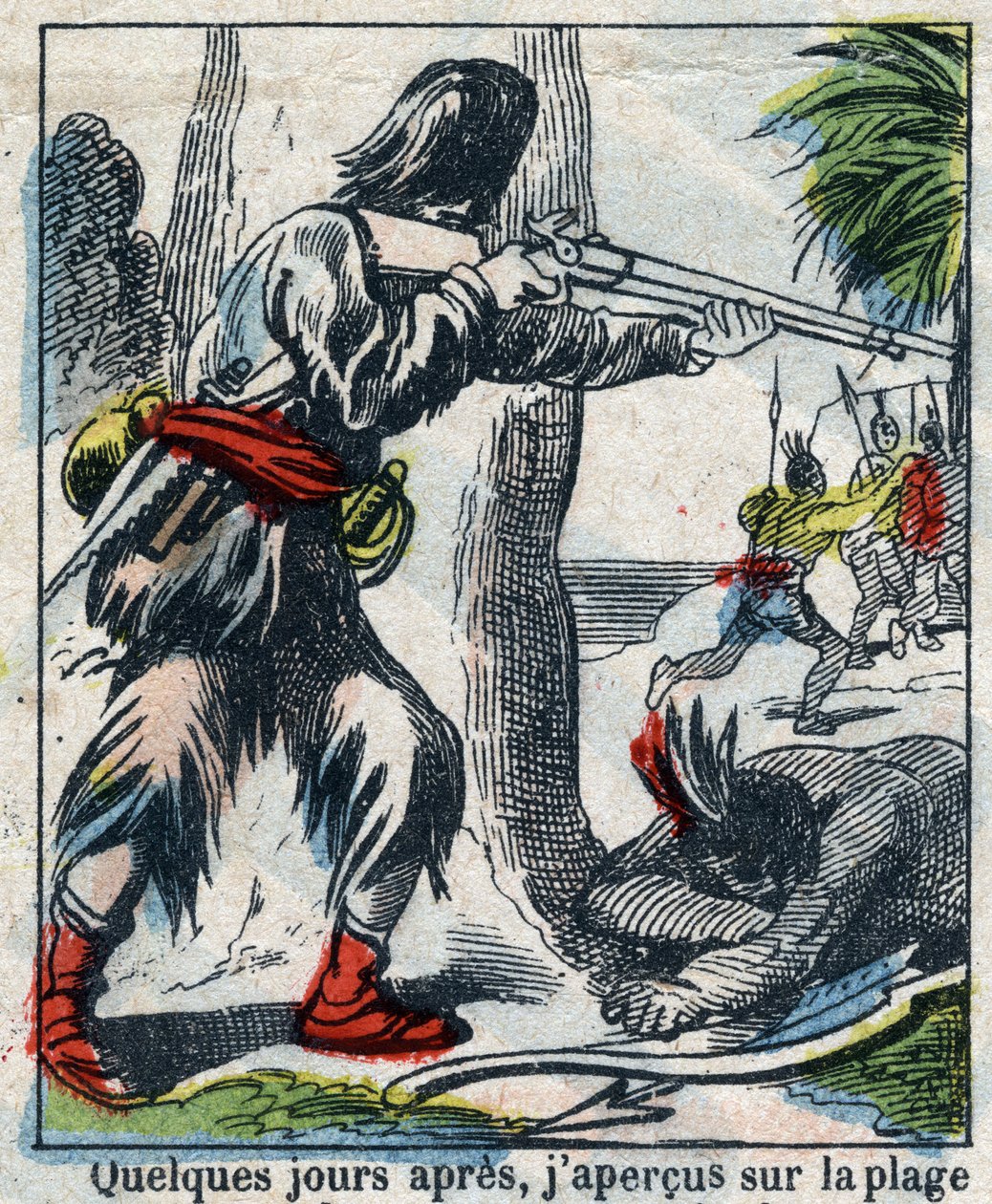 Illustration für das Buch von Daniel Defoe „Robinson Crusoe“. Epinal-Bild vom Ende des 19. Jahrhunderts von French School