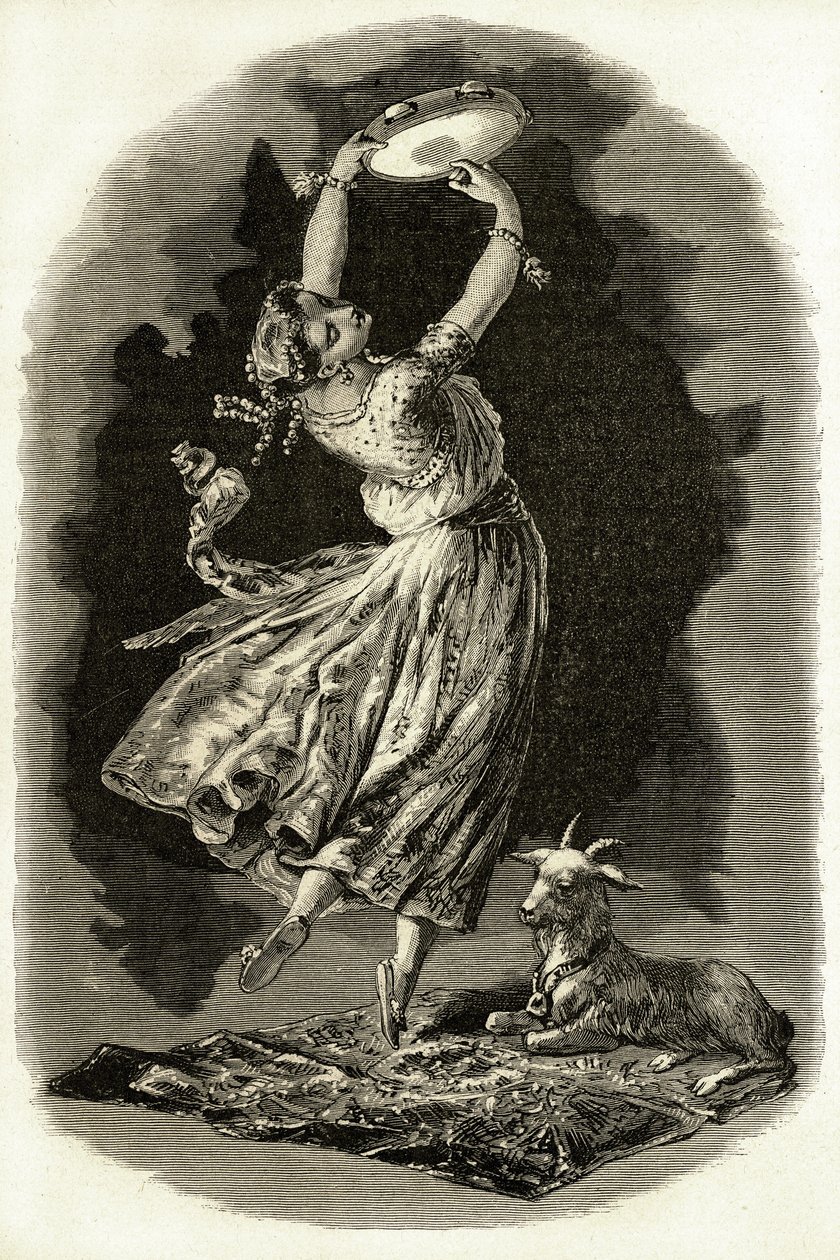Illustration für „Notre-Dame de Paris“ von Victor Hugo: Esmeralda tanzt und spielt Tamburin neben ihrer Ziege, Anfang des 20. Jahrhunderts (Lithografie) von French School