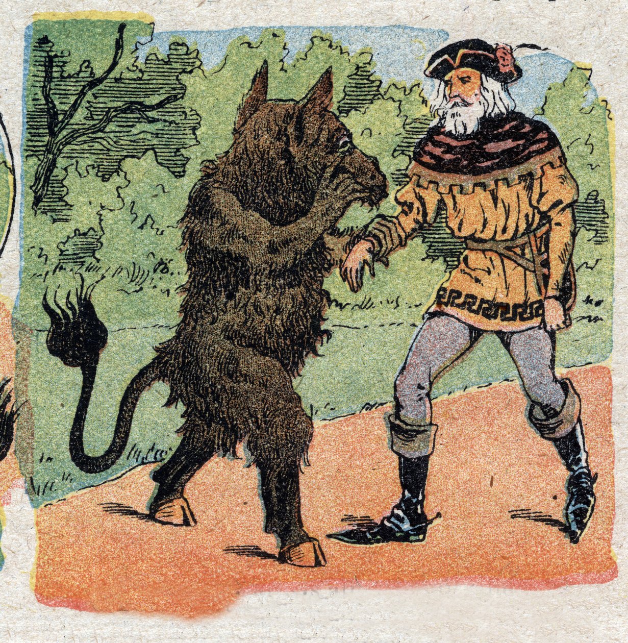 Illustration zum Märchen „Die Schöne und das Biest“: das Biest fragt den Kaufmann, der gerade eine Rose pflückt, nach seinem Leben oder dem eines seiner Töchter. Gravur von Quinn, um 1890. von French School