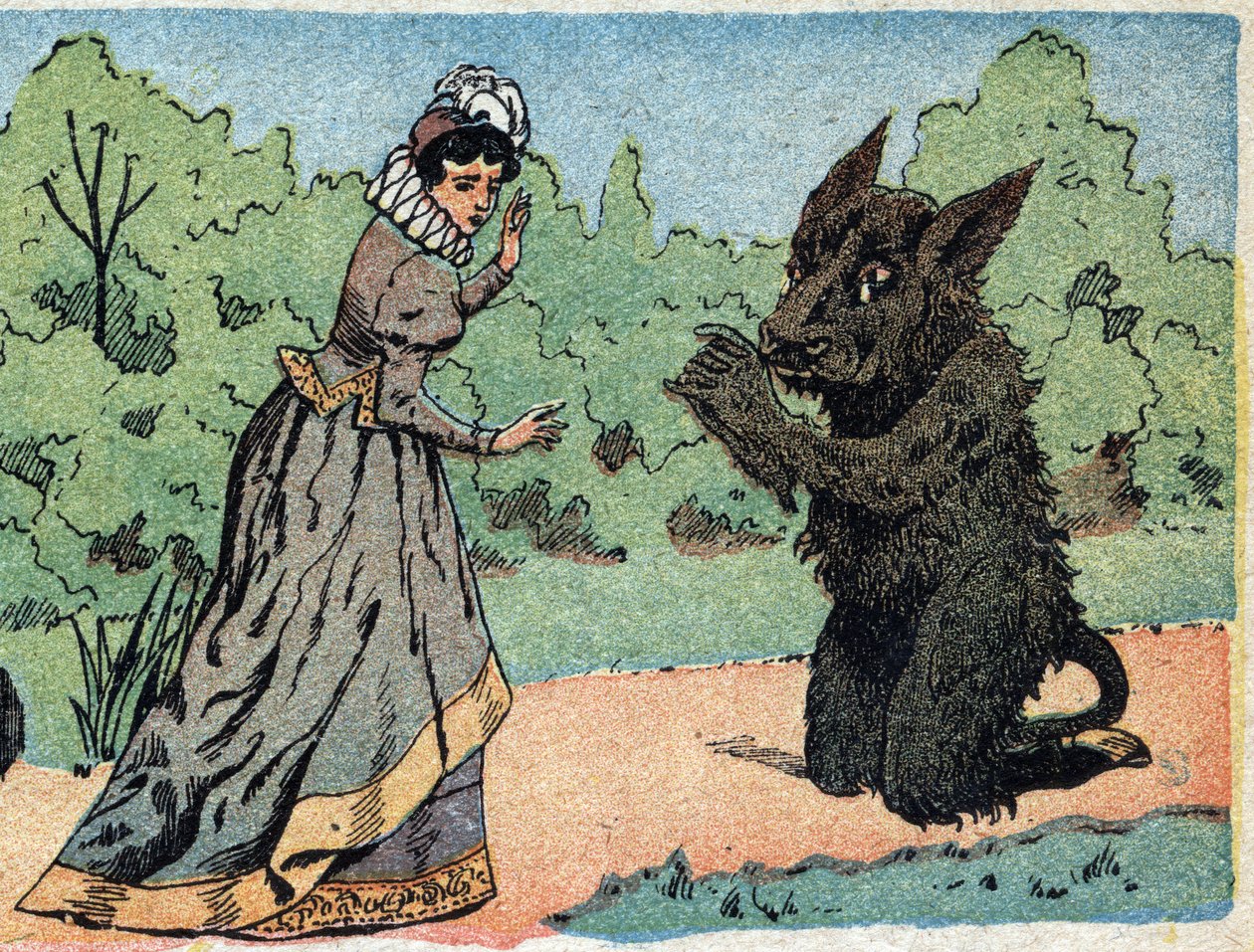 Illustration zum Märchen „Die Schöne und das Biest“: das Biest fragt die Schöne, die plötzlich erschrocken ist. Gravur von Quinn, um 1890. von French School