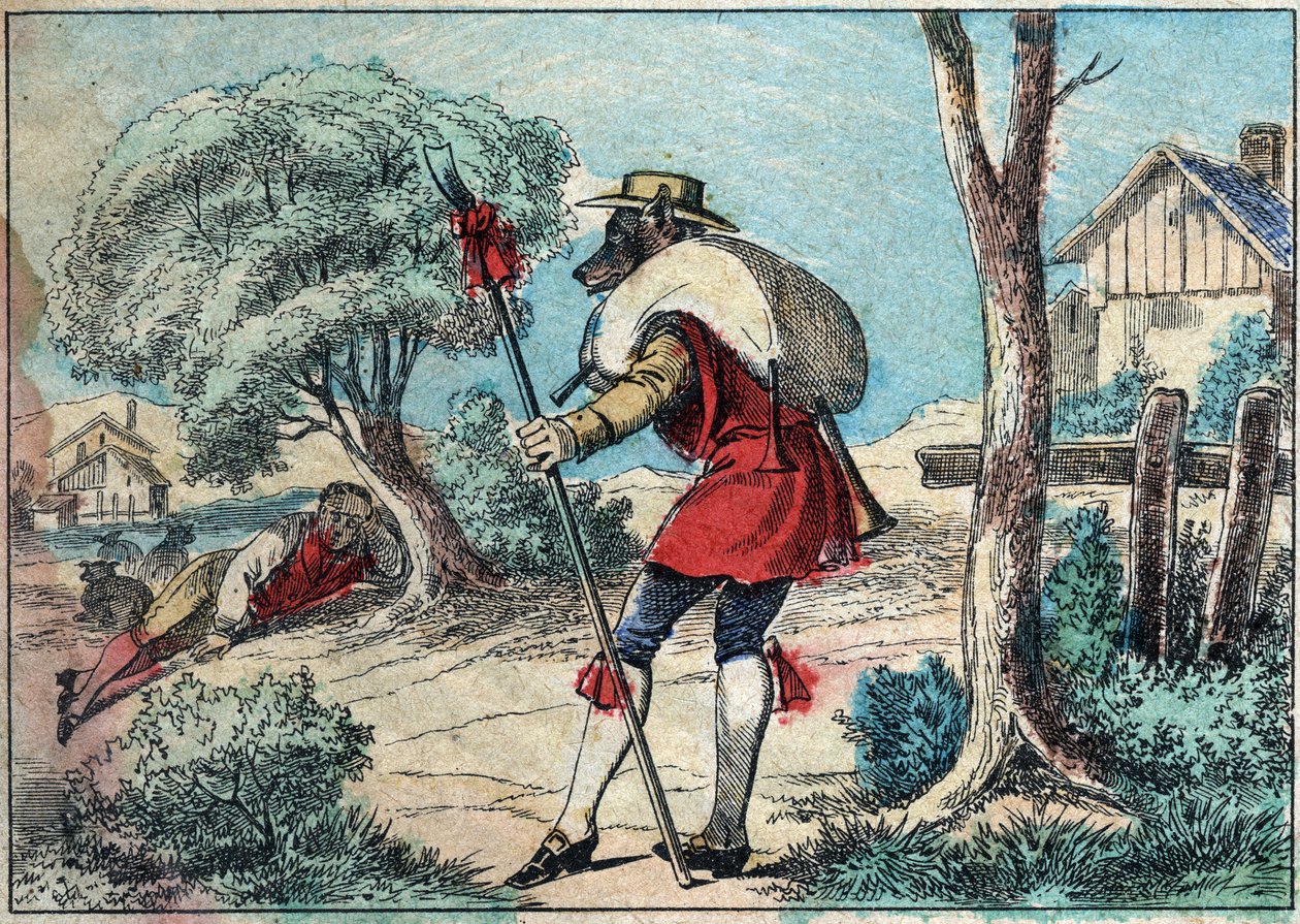 Illustration der Fabel von Jean de la Fontaine (1621-1695): der Wolf wurde ein Schäfer. Epinal Imaging aus dem späten 19. Jahrhundert. von French School