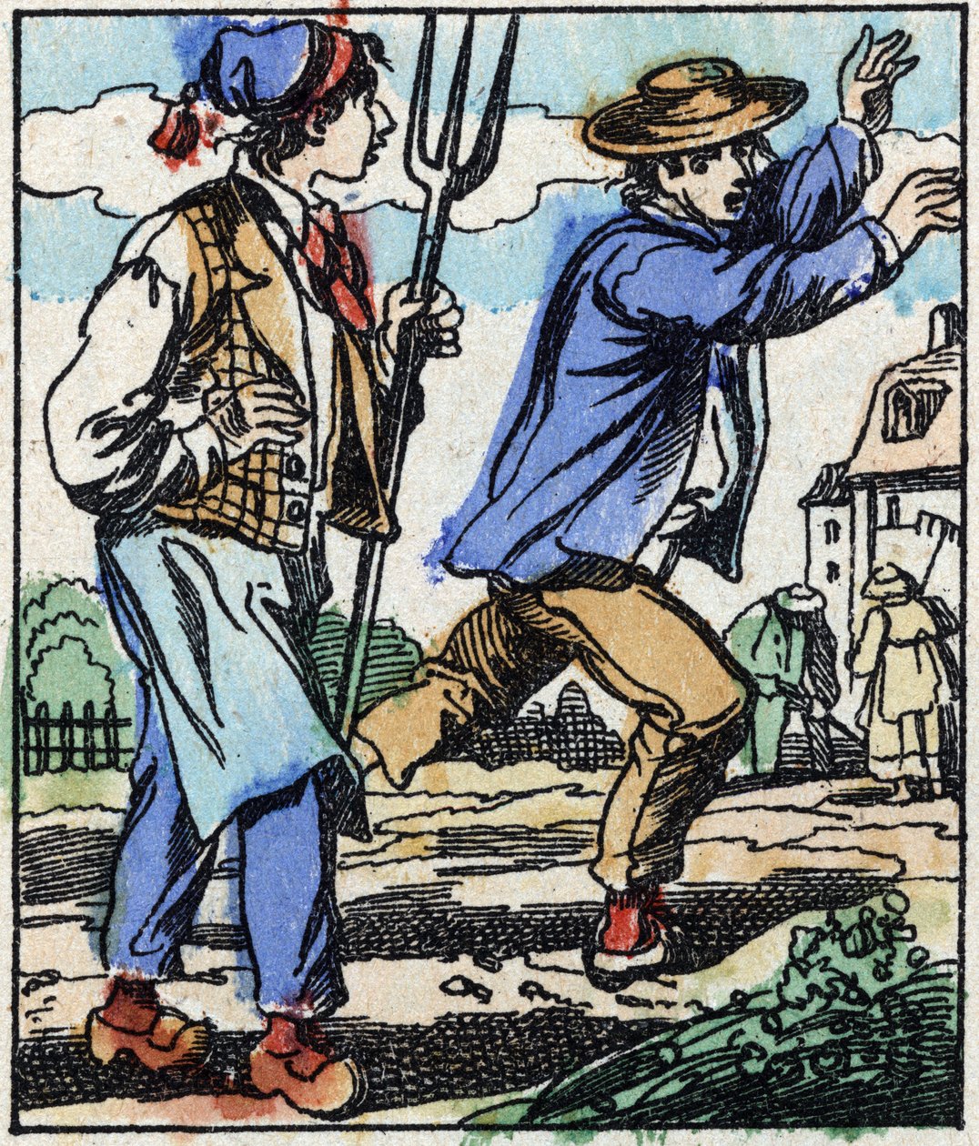 Illustration der Geschichte „Die Gabel des Teufels“. Holzstich aus Imaging Pellerin - Epinal, sp. 19. Jahrhundert. von French School