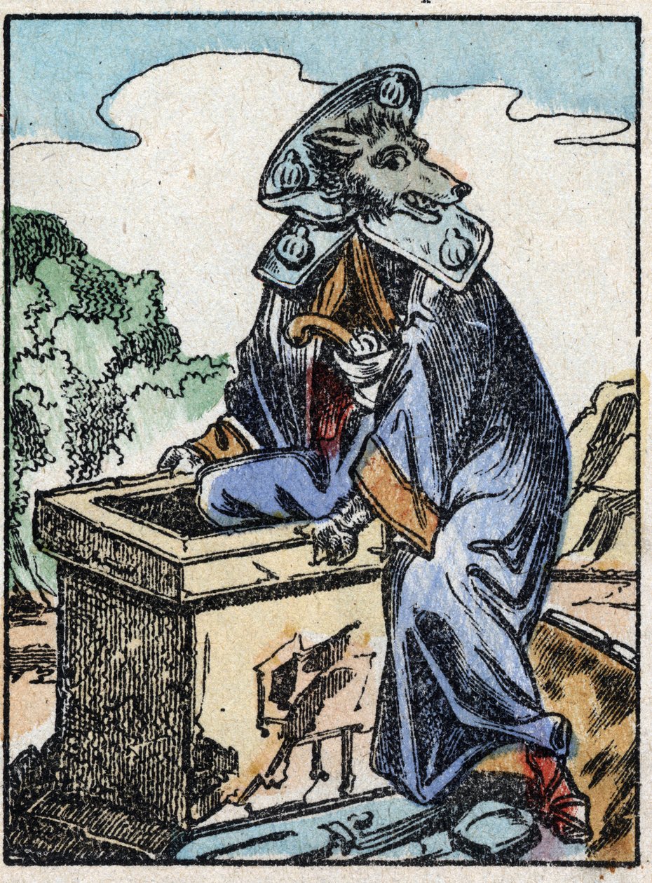 Illustration des Märchens „Der Wolf, die Ziege und die sieben Geißlein“ Holzgravur von Imaging Pellerin - Epinal, sp. 19. Jahrhundert. von French School