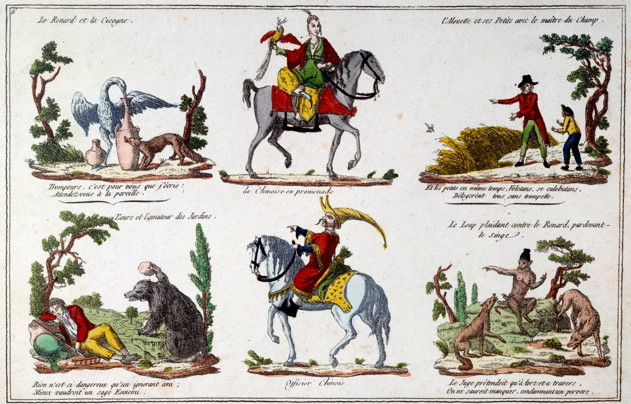 Illustrationsplatte für die Fabeln von Jean de La Fontaine: Der Fuchs und der Storch, der Chinese beim Spaziergang, der Bär und der Gartenliebhaber, der chinesische Offizier. Gravur von French School