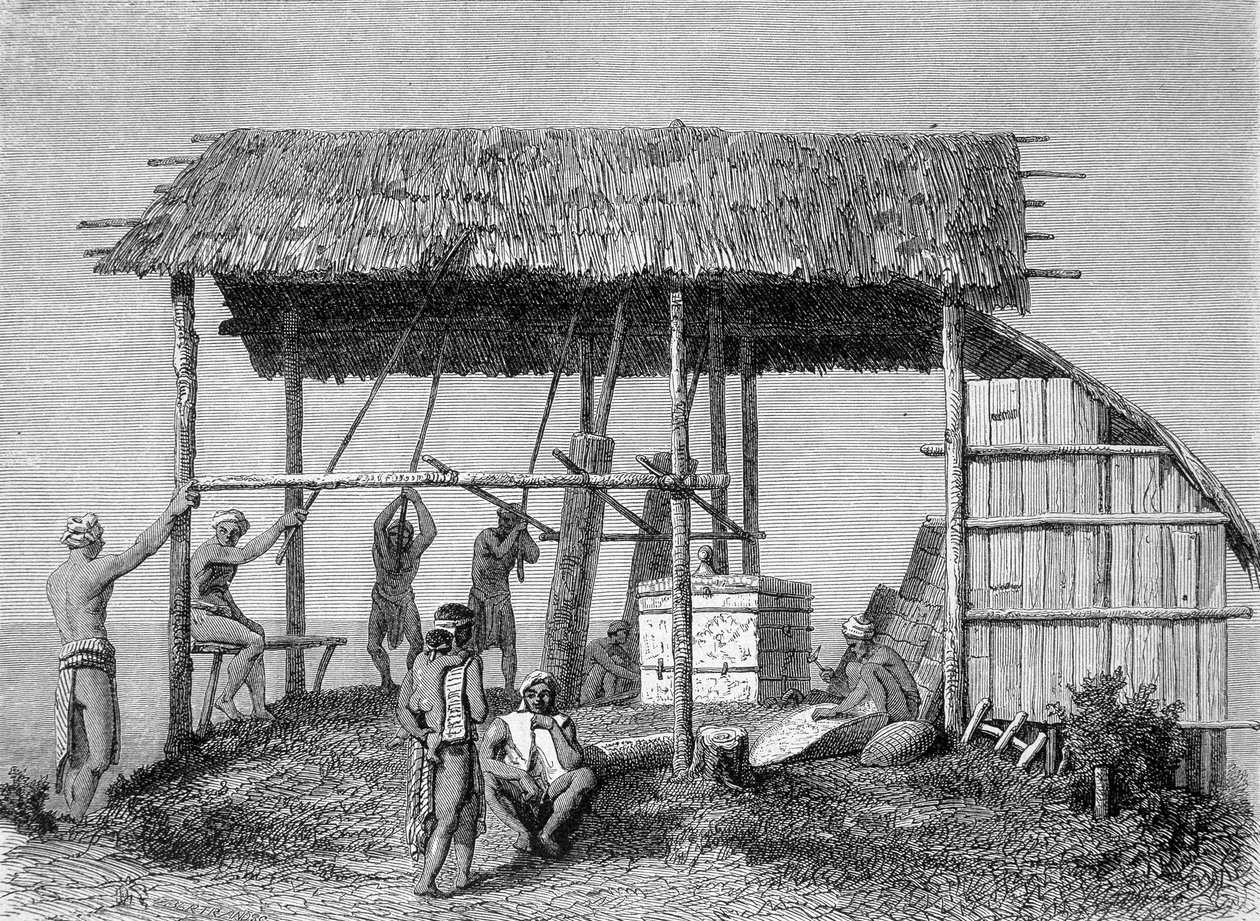 Illustration veröffentlicht in der Ausgabe von 1862 von „Le Tour du monde“, die einen Schmied bei den Dayaks auf der Insel Borneo zeigt. Gravur von French School