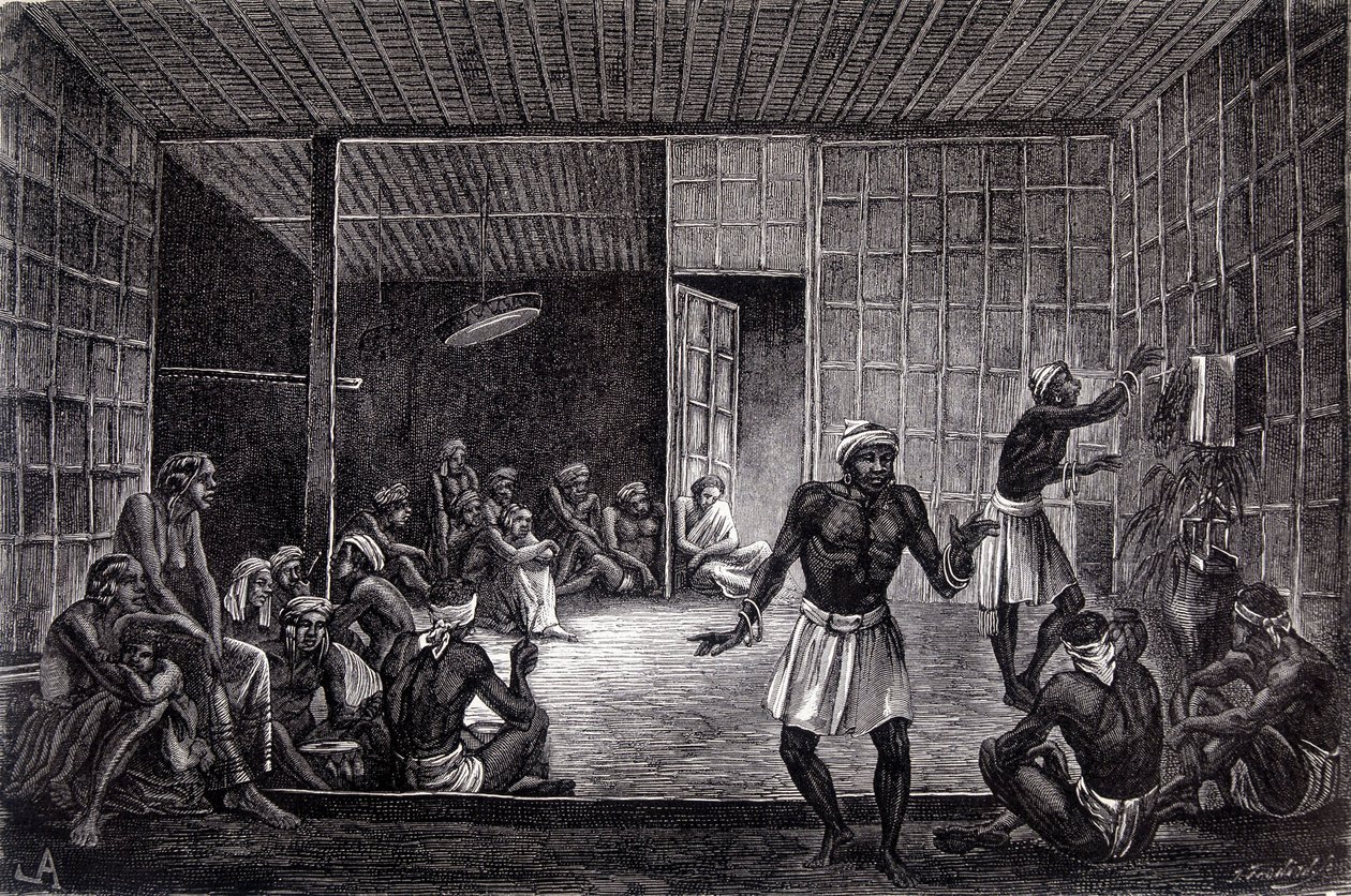 Illustration veröffentlicht in der Ausgabe von 1862 von „Le Tour du monde“, die eine Exorzismussitzung zeigt, die von den Dayaks auf der Insel Borneo praktiziert wird. Gravur von French School