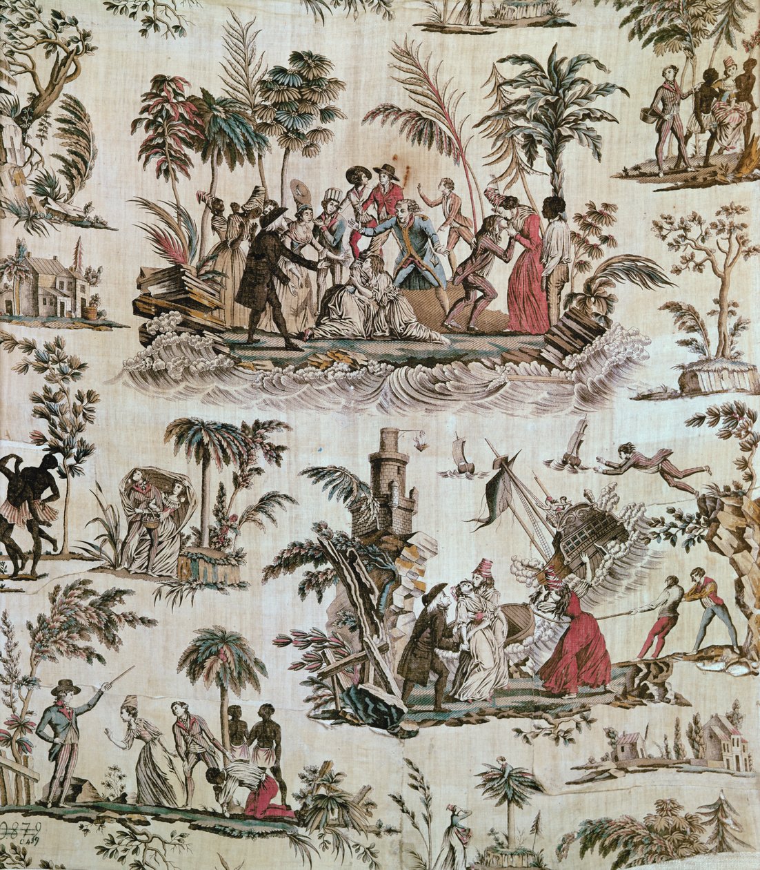 Illustrationen von Vorfällen aus dem Roman Paul et Virginie, Toile de Nantes, ca. 1800 von French School