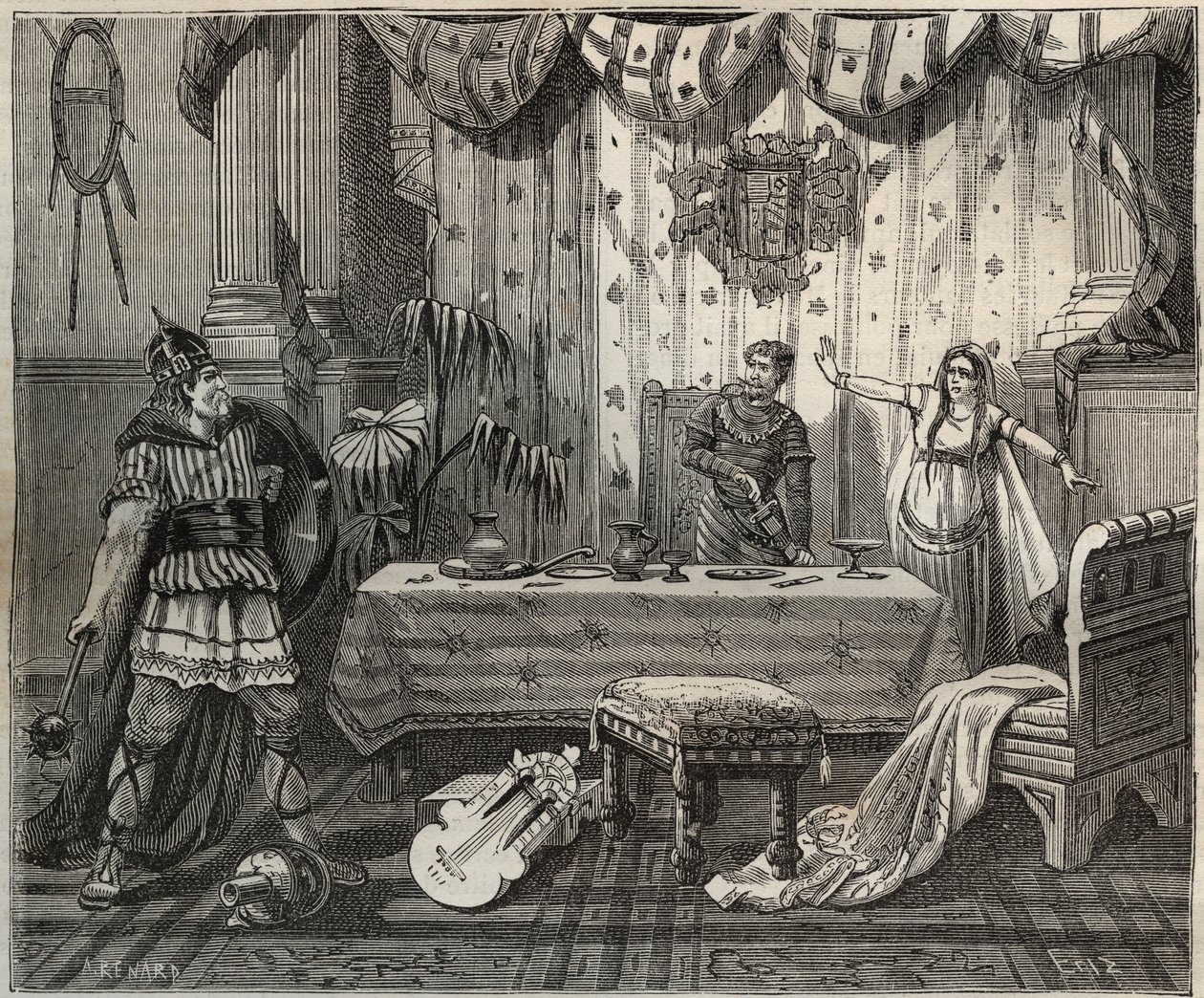 Im Jahr 978 betrat Lothar, König der Franken, den Palast von Otto II. des Heiligen Römischen Reiches und seiner Frau Theophano in Aachen, aber die kaiserliche Familie konnte ihn gefangen nehmen. Illustration in... von French School