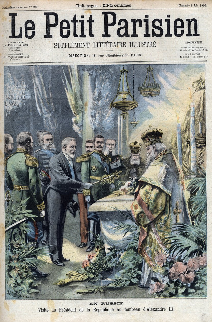 In Russland: Besuch von Präsident Emile Loubet (1838-1929) am Grab von Alexander III. (1845-1894), Kaiser von Russland, in „Le Petit Parisien“. von French School