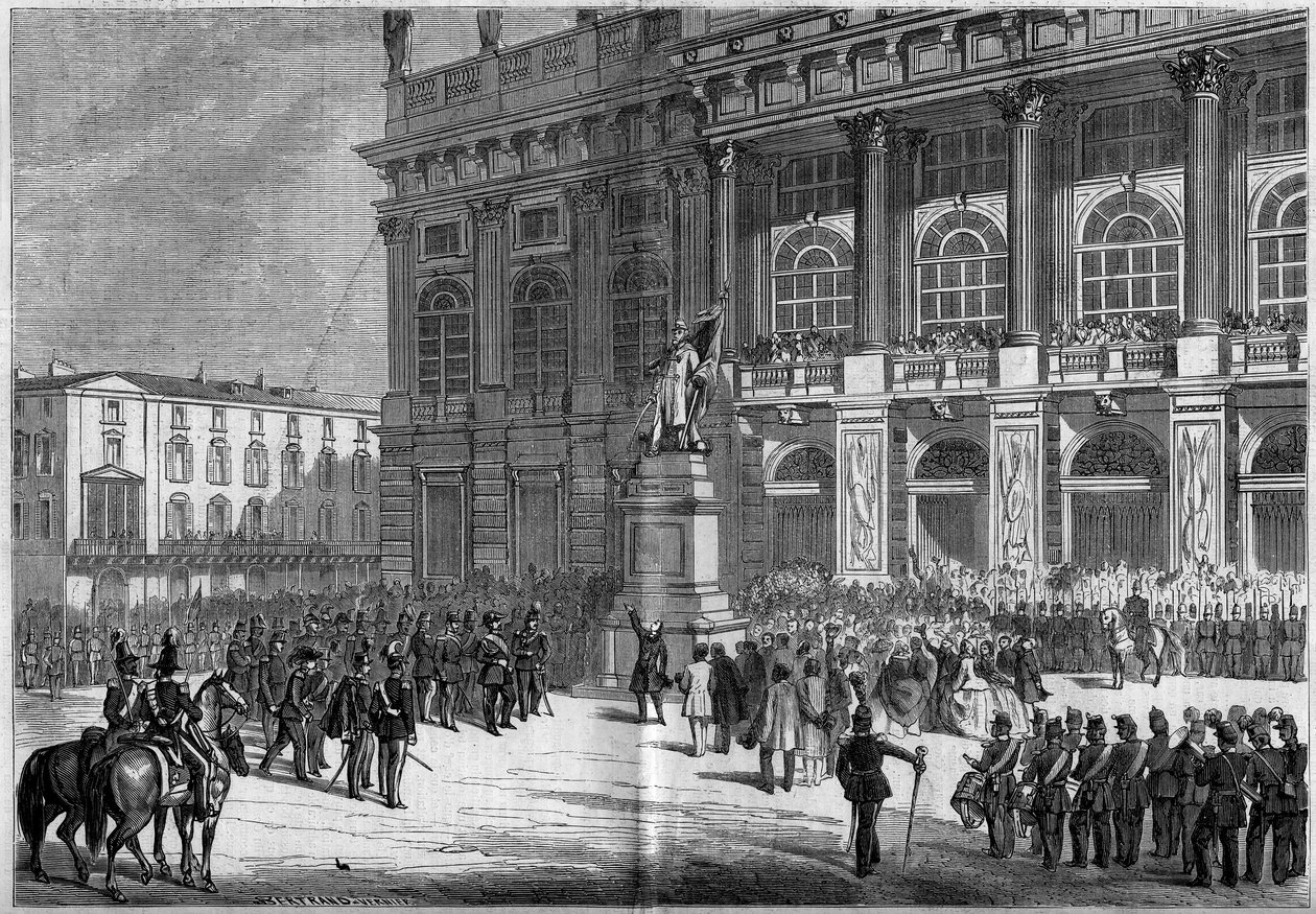 Einweihung des sardischen Denkmals von Vincenzo Vela (1820-1891) auf dem Schlossplatz in Turin (Italien) am 10. April 1859. Hinter der Statue befindet sich der „Palazzo Madama“. Basierend auf den Skizzen von Herrn Ferry. Gravur in „Le Monde Illustré“ Nr. 1 von French School