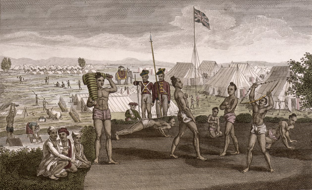 Indische Krieger beim Üben mit Blick auf das Lager des englischen Residenten, um 1810 von French School
