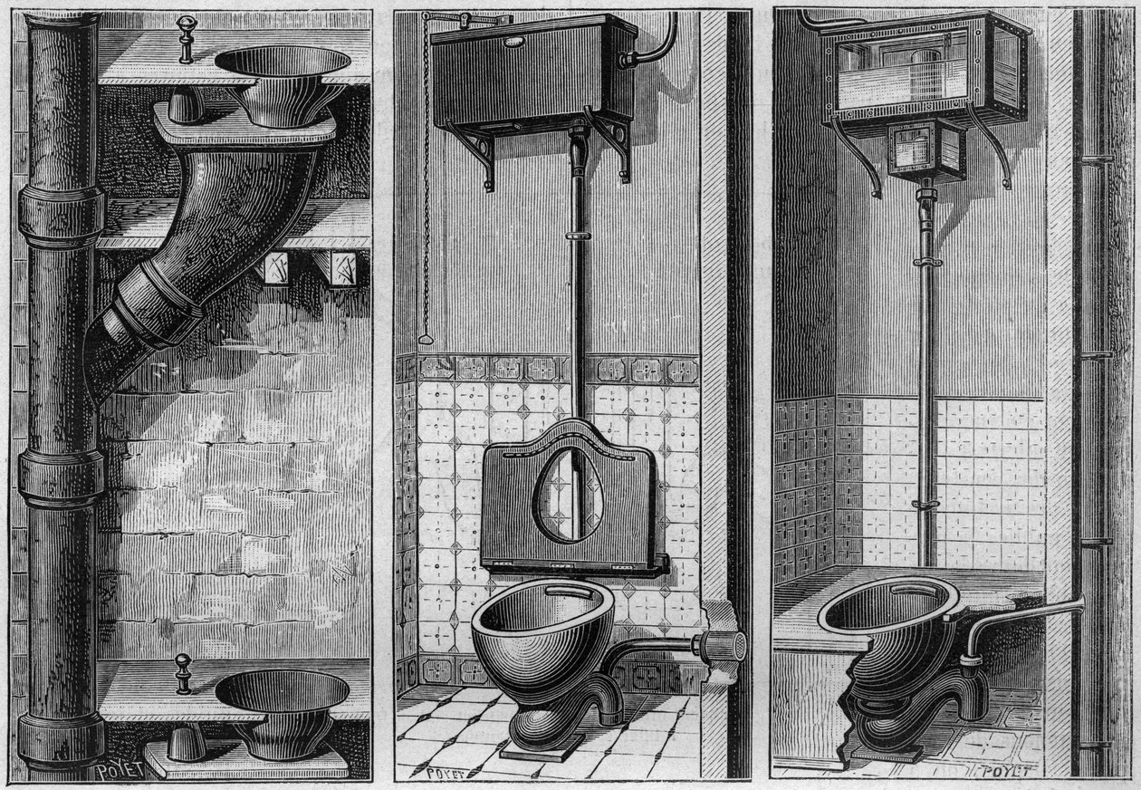 Installation von drei Kammern: (von links nach rechts:) unsanitäres Kabinett, sanitäres Kabinett mit Jagdtank und Siphon- und Lüftungsapparat ohne Mechanik. Gravur in „La Nature. Revue des sciences et de ses applications aux arts et a l