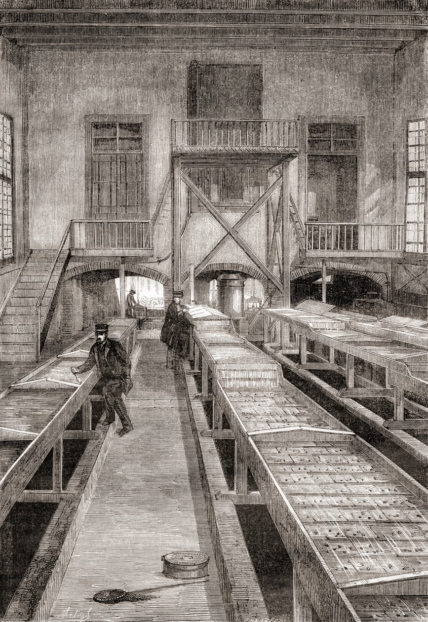 Innenansicht einer Fischfarm des 19. Jahrhunderts in Huningue, Frankreich, aus Les Merveilles de la Science, veröffentlicht um 1870 (Gravur) von French School