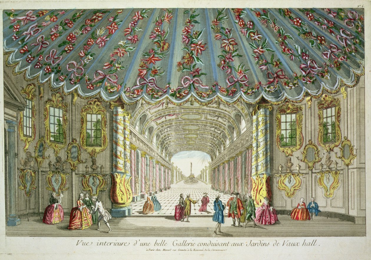 Innenraum einer Galerie, die zu den Vauxhall Gardens führt von French School