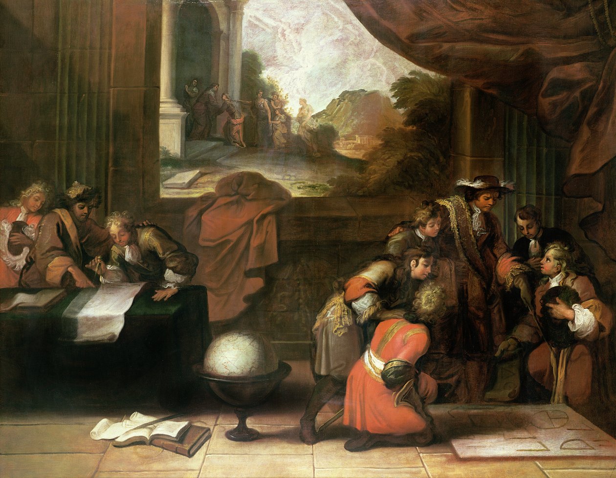 Innenansicht eines Raumes mit Geographen und Mathematikern, ca. 1680-90 von French School