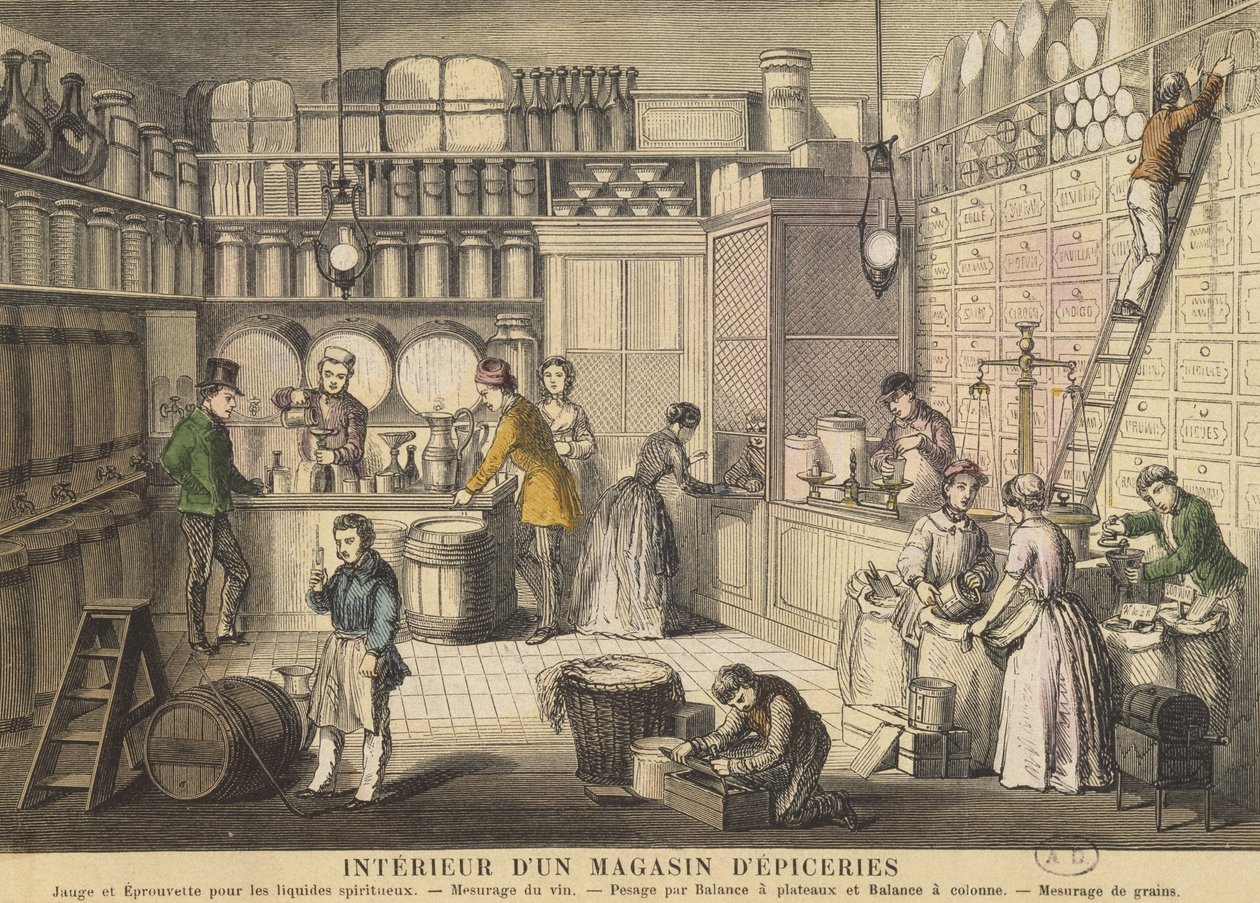 Innenansicht eines Lebensmittelladens (Farbstich) von French School