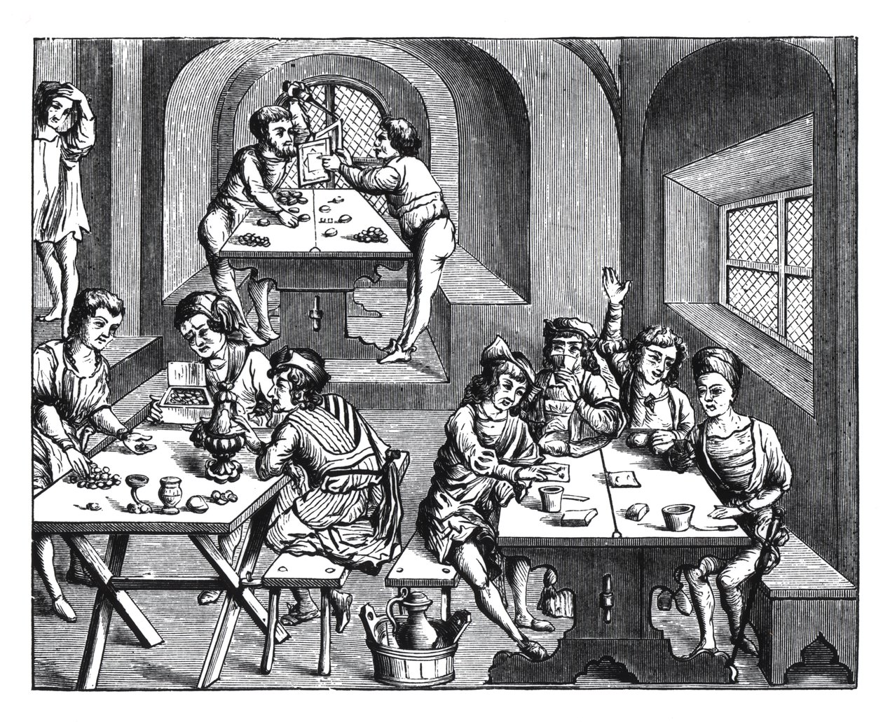 Innenansicht eines Gasthauses, nach einem Holzschnitt in einer Folioband-Ausgabe von Virgil, veröffentlicht in Lyon, 1517 von French School