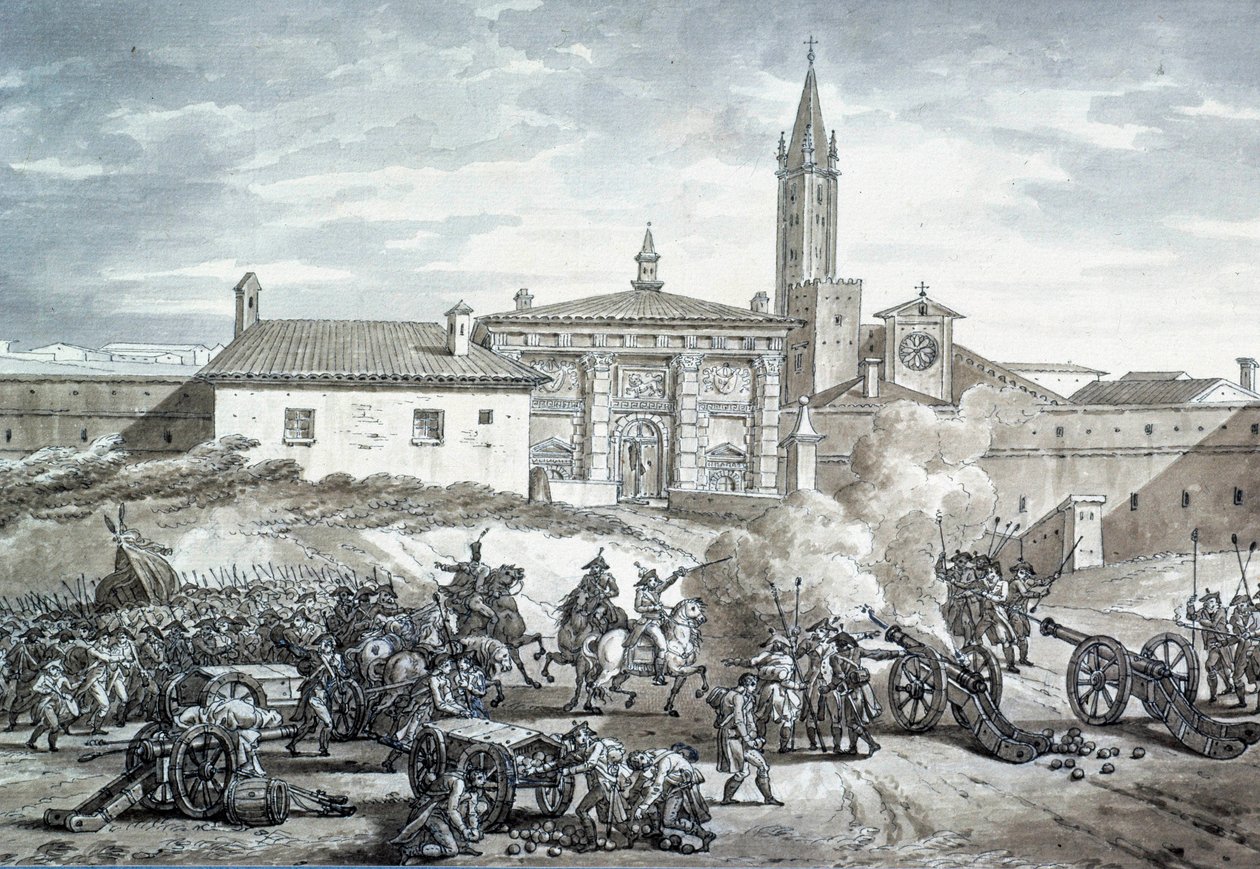 Italienische Landschaft: die Besetzung von Verona durch die französische Armee von Napoleon Bonaparte (1789-1821). Anonyme Zeichnung um 1797. Paris, Louvre Museum von French School