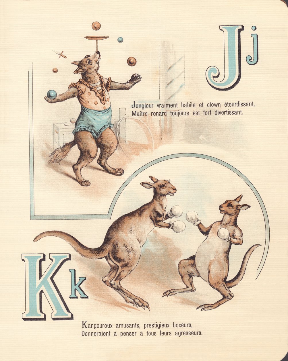 J K: Fröhlicher Fuchs, Jongleur, Känguru, Kickboxen von French School