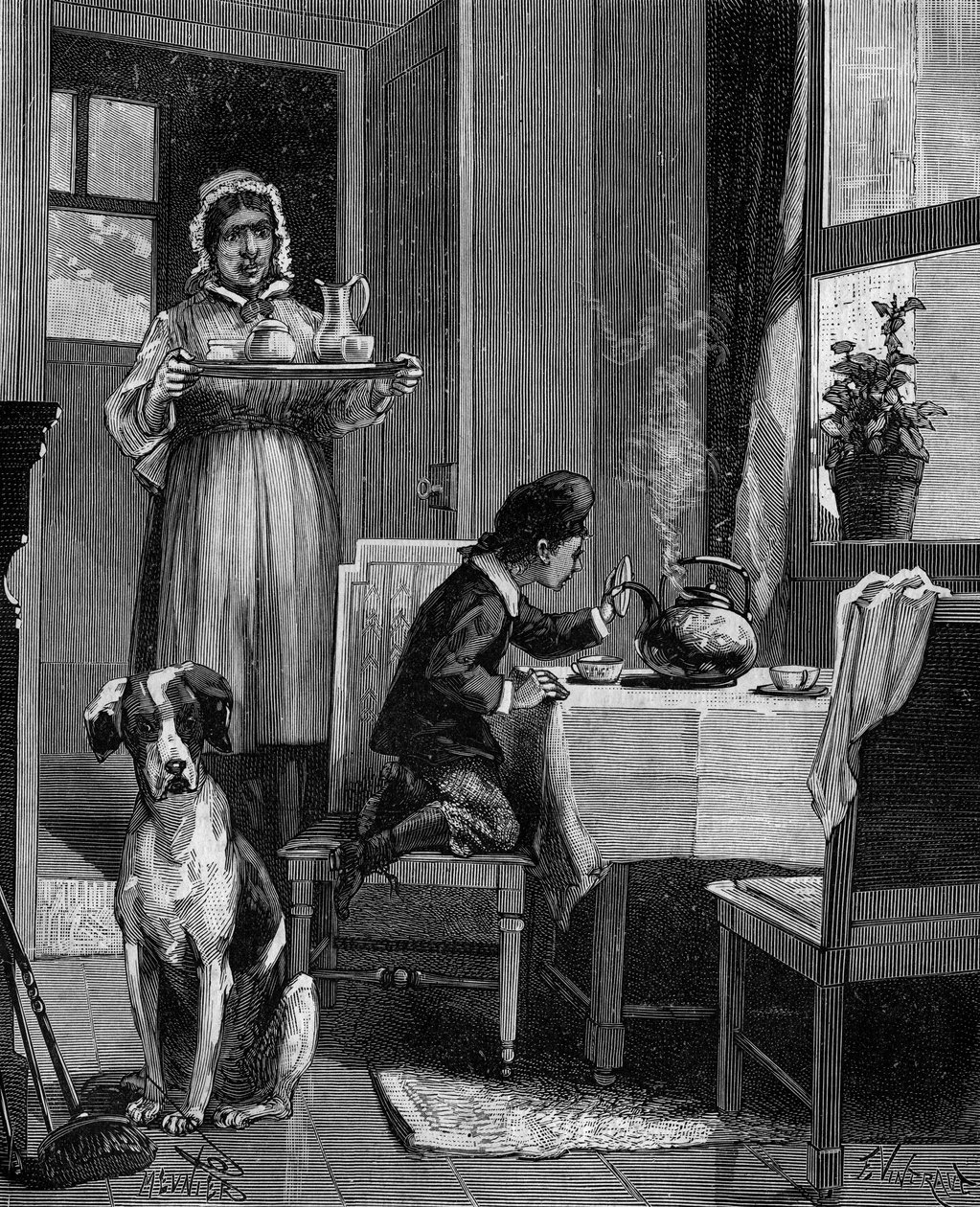 James Watt (1736-1819), als Kind, entdeckt die Gesetze des Dampfes von French School