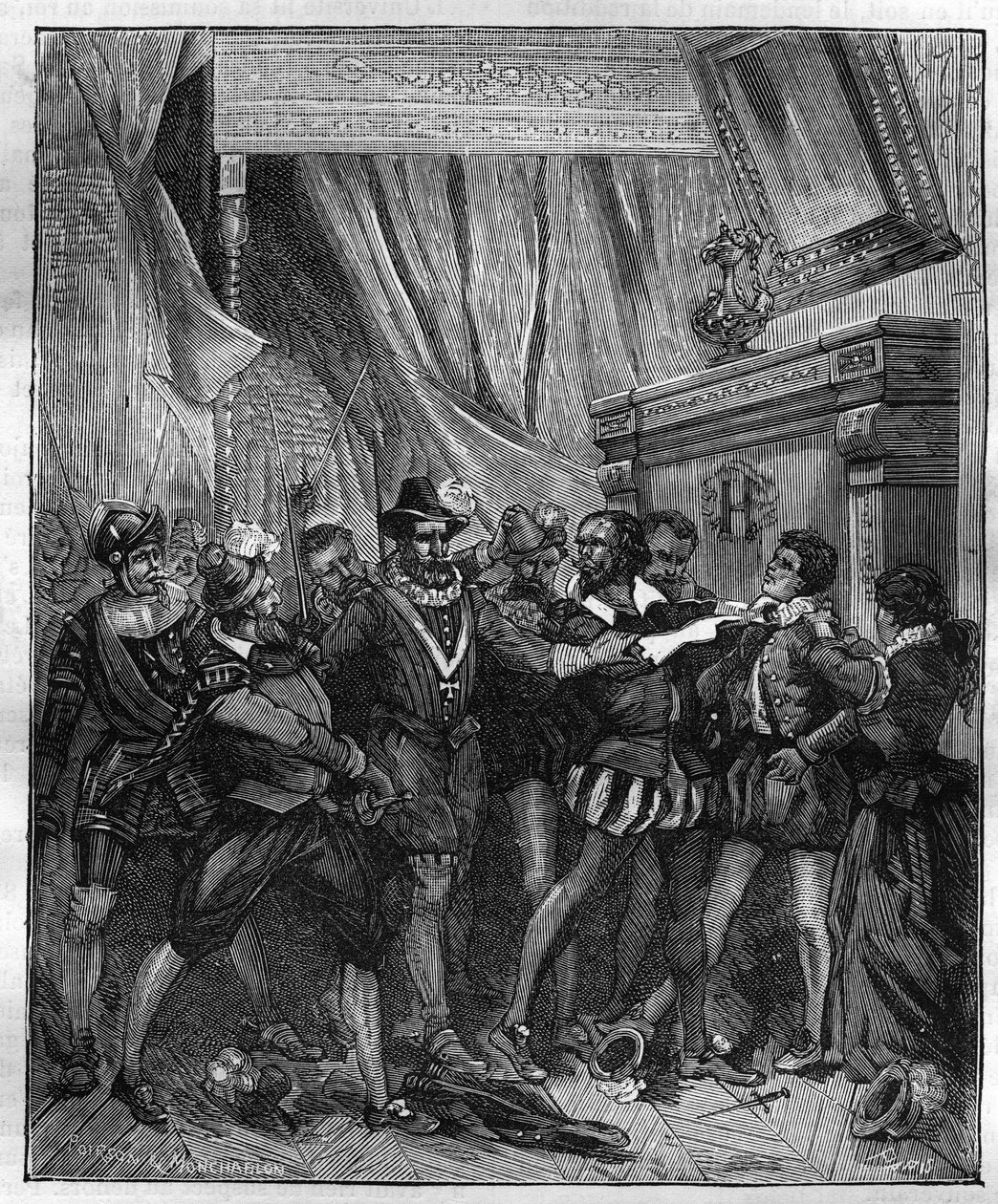 Jean Chastel nach dem Attentat auf König Heinrich IV. von Frankreich am 27. Dezember 1594. Gravur des 19. Jahrhunderts. von French School