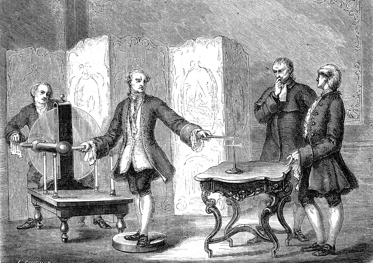 Jean JALLABERT (1712-1768), Schweizer Physiker, entdeckt Elektrizität an scharfen Objekten (Kraft der Spitze von FRANKLIN). Gravur 1867 von French School