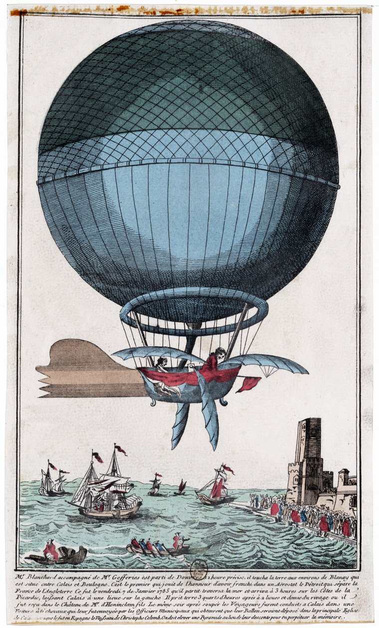 Jean Pierre Blanchard (1753 - 1809) und John Jefferies (1745 - 1819) kommen nach der Überquerung des Ärmelkanals in einem Heißluftballon am 7. Januar in Calais an von French School