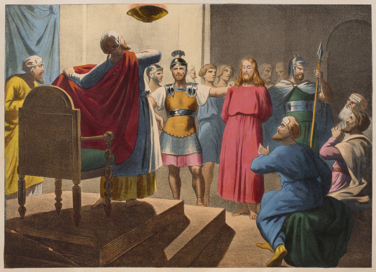 Jesus Christus vor Kaiphas, Illustration aus einem Katechismus L
