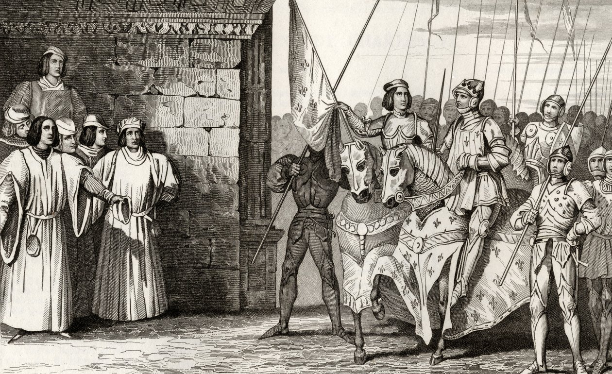Johanna von Orleans (1412-31) kommt 1429 in Reims an, um der Krönung von Karl VII. (1403-61) beizuwohnen, aus 