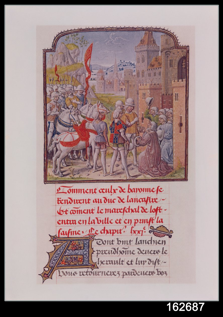 Johann von Gent wird von den Bürgern von Bayonne an den Stadttoren empfangen, aus Froissarts Chronik, spätes 15. Jahrhundert von French School