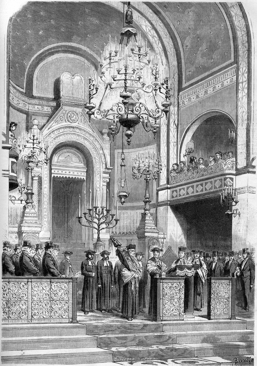 Judentum: feierliche Aufnahme des Großrabbiners von Paris, Zadoc Kahn (1839-1905), in der Synagoge der Rue Notre Dame de Nazareth am 13. Januar 1869. Der Großrabbiner intoniert das „Gebet für den Kaiser“. Gravur in „Le Monde Illustré“ Nr. 615 vom 23. Janua von French School
