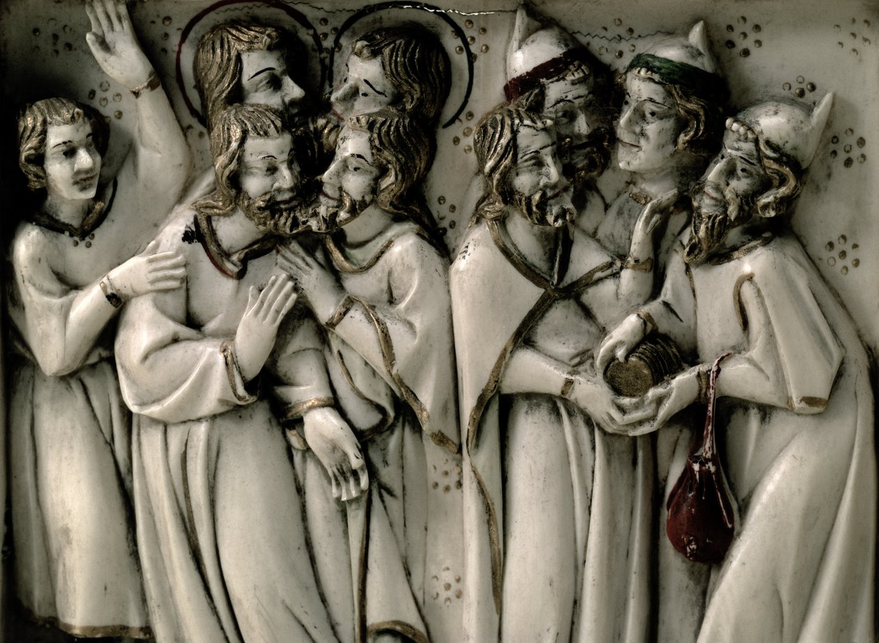 Judas erhält dreißig Silberlinge, Detail des Elfenbeindiptychons, französisch von French School