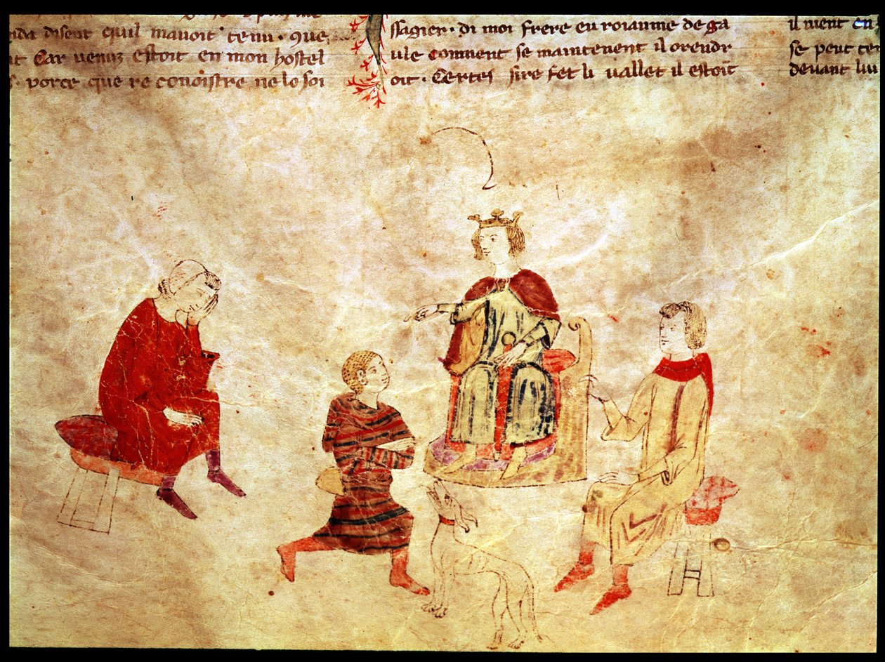 König Artus auf seinem Thron, umgeben von seinen Beratern, aus dem Roman de Meliadus von French School