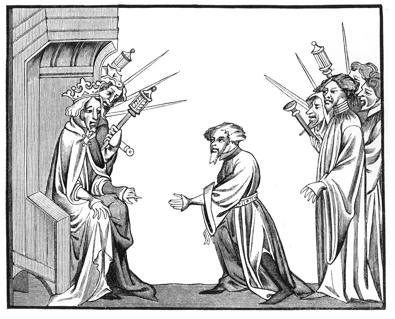König Karl der Große (742-814) empfängt den Treue- und Huldigungseid eines seiner Lehnsherren, aus einer Miniatur in Kamee der Chroniken von St. Denis von French School