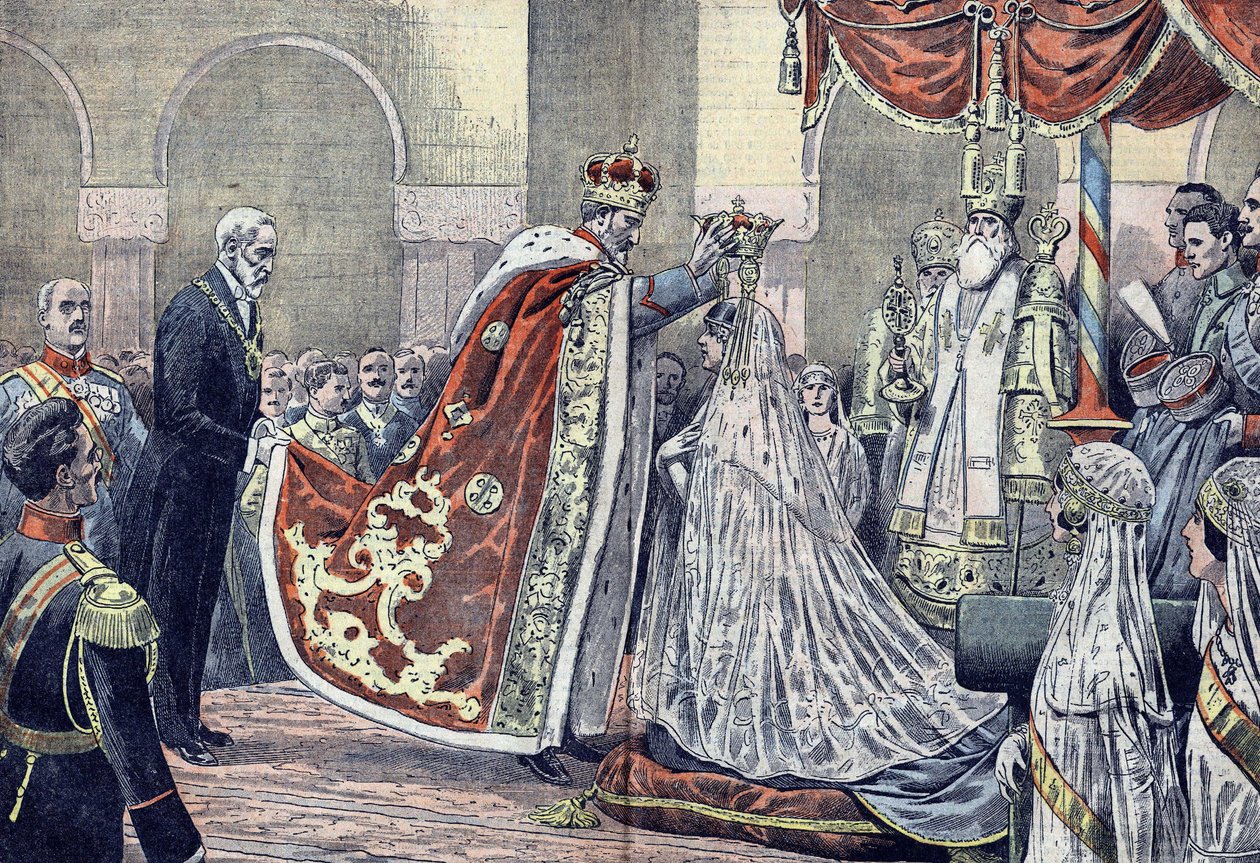 König Ferdinand I. von Rumänien krönt seine Königin von French School